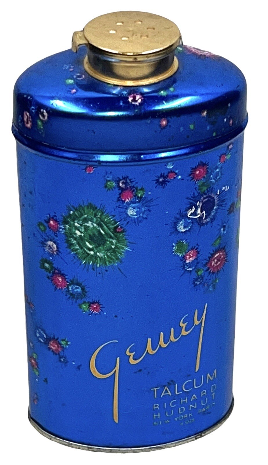 Rare Antique Gewey Talcum Powder Tin Litho Can Richard Hudnut Emerald Ruby Gems