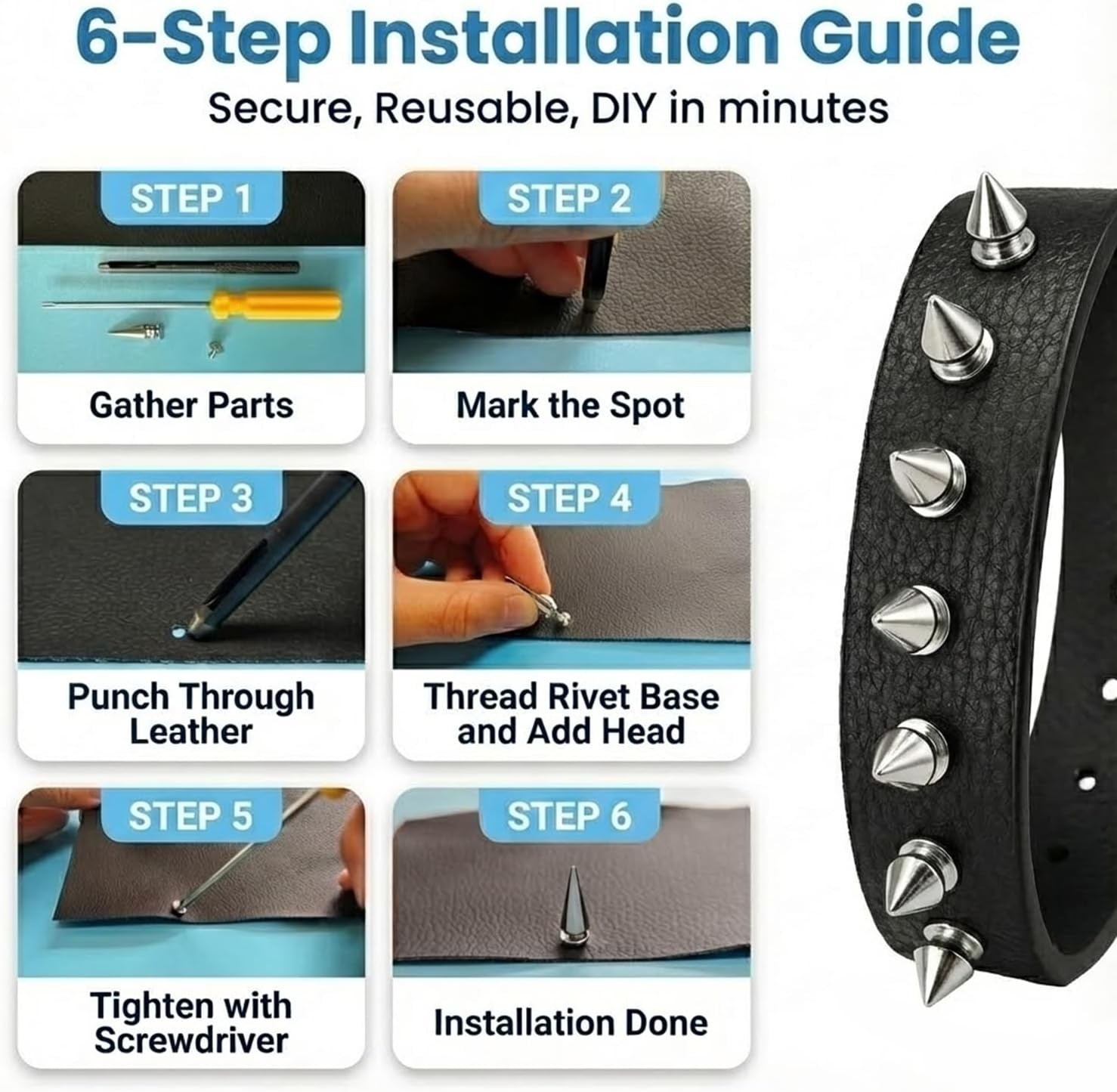 455PCS Punk Spikes and Studs Kit for Clothing, 12 Sizes Premium Metal Cone Spike