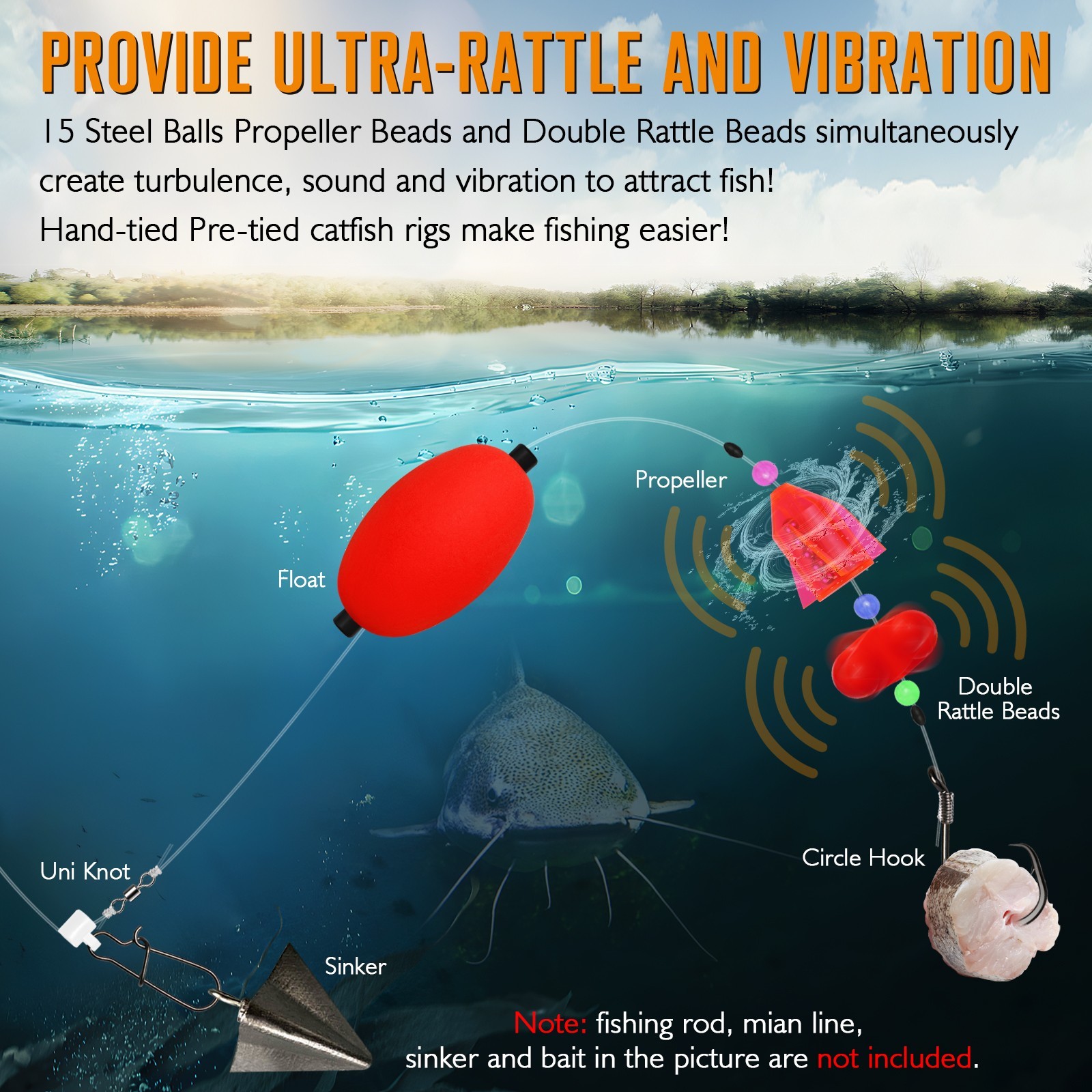 Dovesun 6PCS Catfish Rigs with Oval Float, 6/0 Hook, Double Rattle Beads & Bells