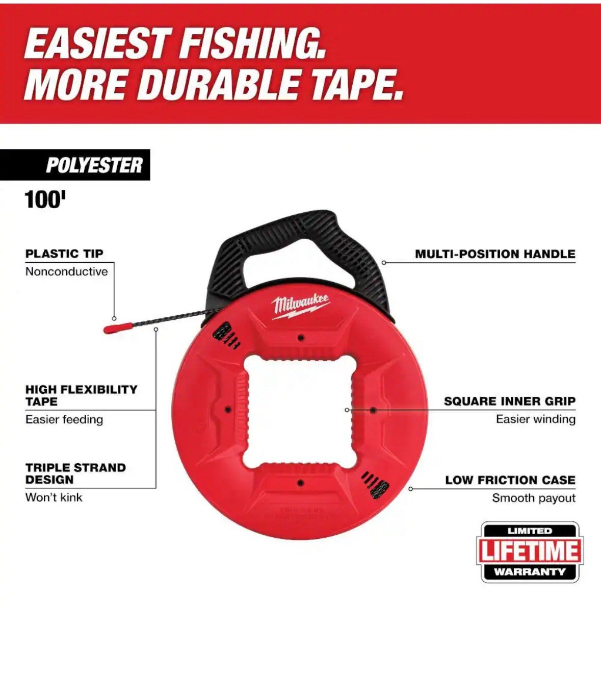 Milwaukee Tool 48-22-4165 100 Ft Polyester Fish Tape W/Nonconductive Tip