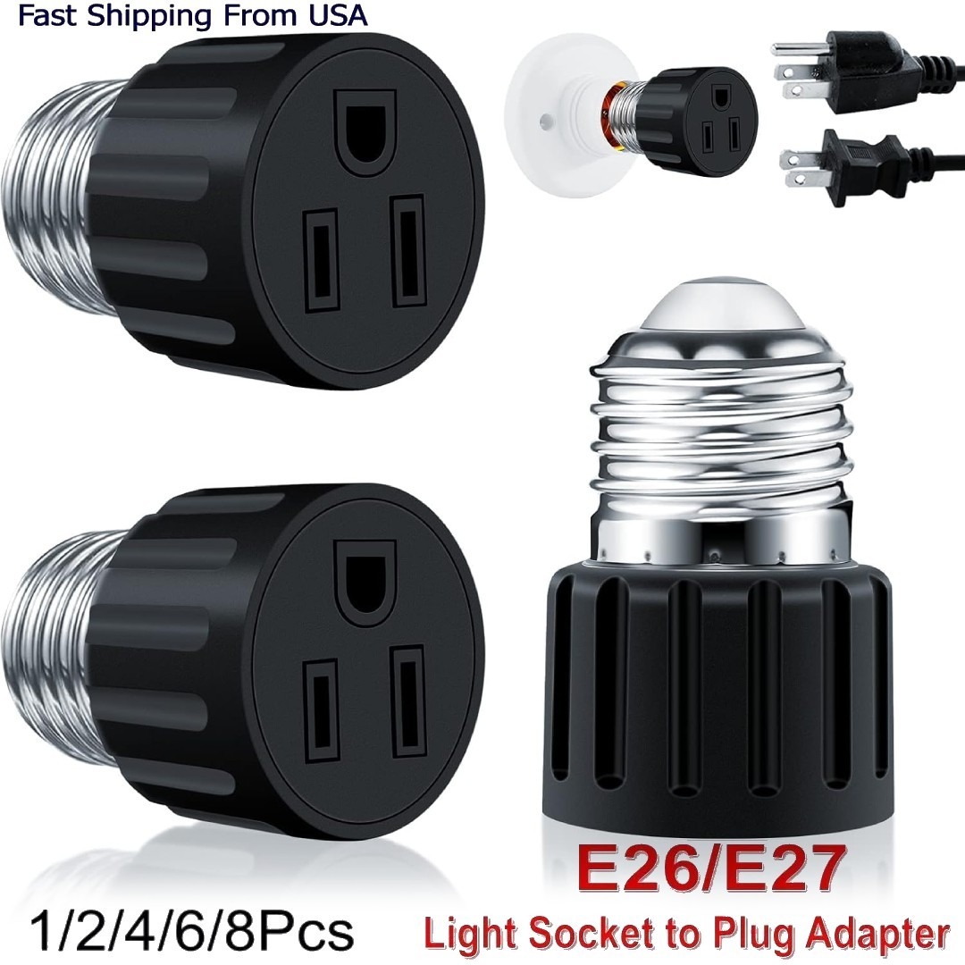 E26/E27 Light Socket to Plug Adapter 2/3 Prong Light Bulb Outlet Adapter 1-8Pcs