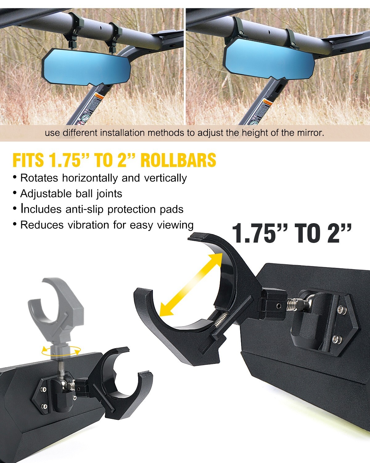 UTV Rear View Center Mirror w/ Light 1.75 - 2" For Polaris RZR XP 1000 Can Am X3