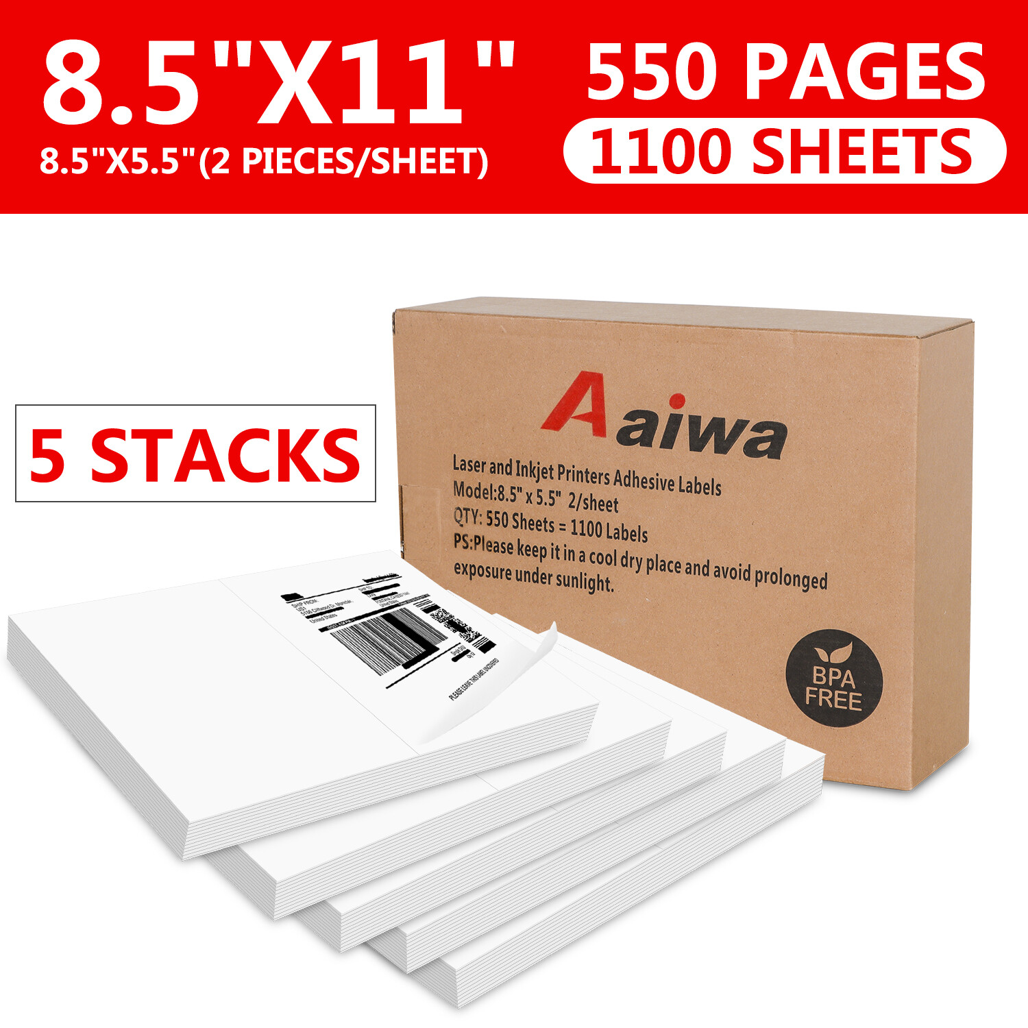 1100 Premium 8.5"X 5.5" Self Adhesive Shipping Labels Half Sheet for Laser