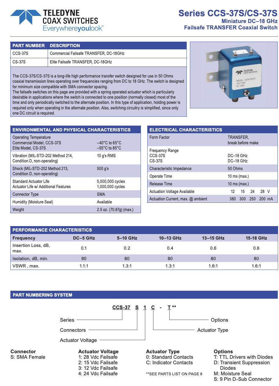 Teledyne RF Coaxial Switch Commercial DC-18GHz SMA Failsafe Transfer CCS-37S30