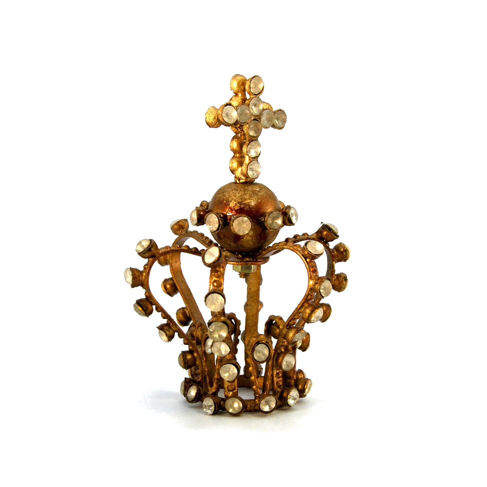 1in Tiny Jeweled Santos Kings Crown, Ornate Antiqued Gold Rhinestone Orb and Cro