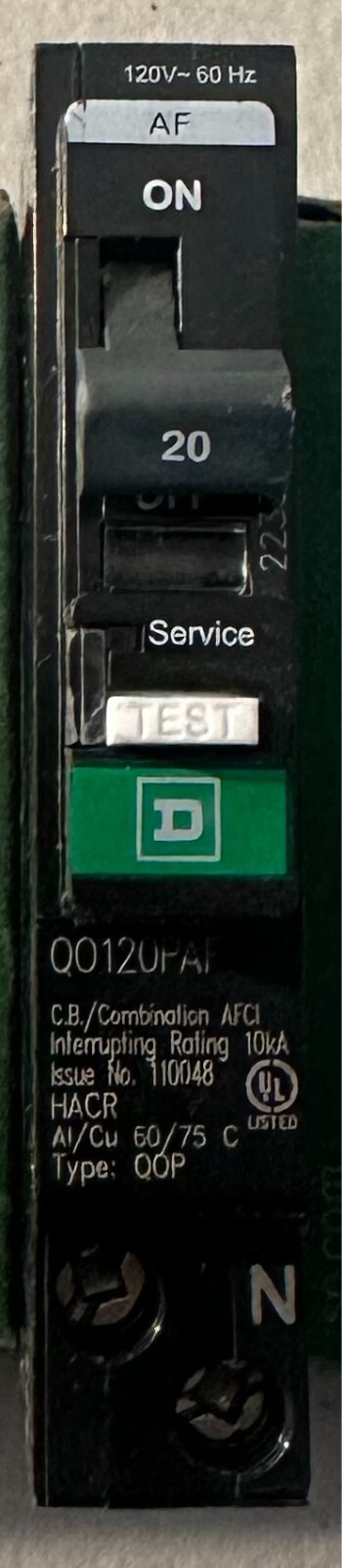 10 PCS QO120PAF SQUARE D QO 1P 20A ARC-FAULT PLUG-ON NUETRAL CIRCUIT BREAKERS