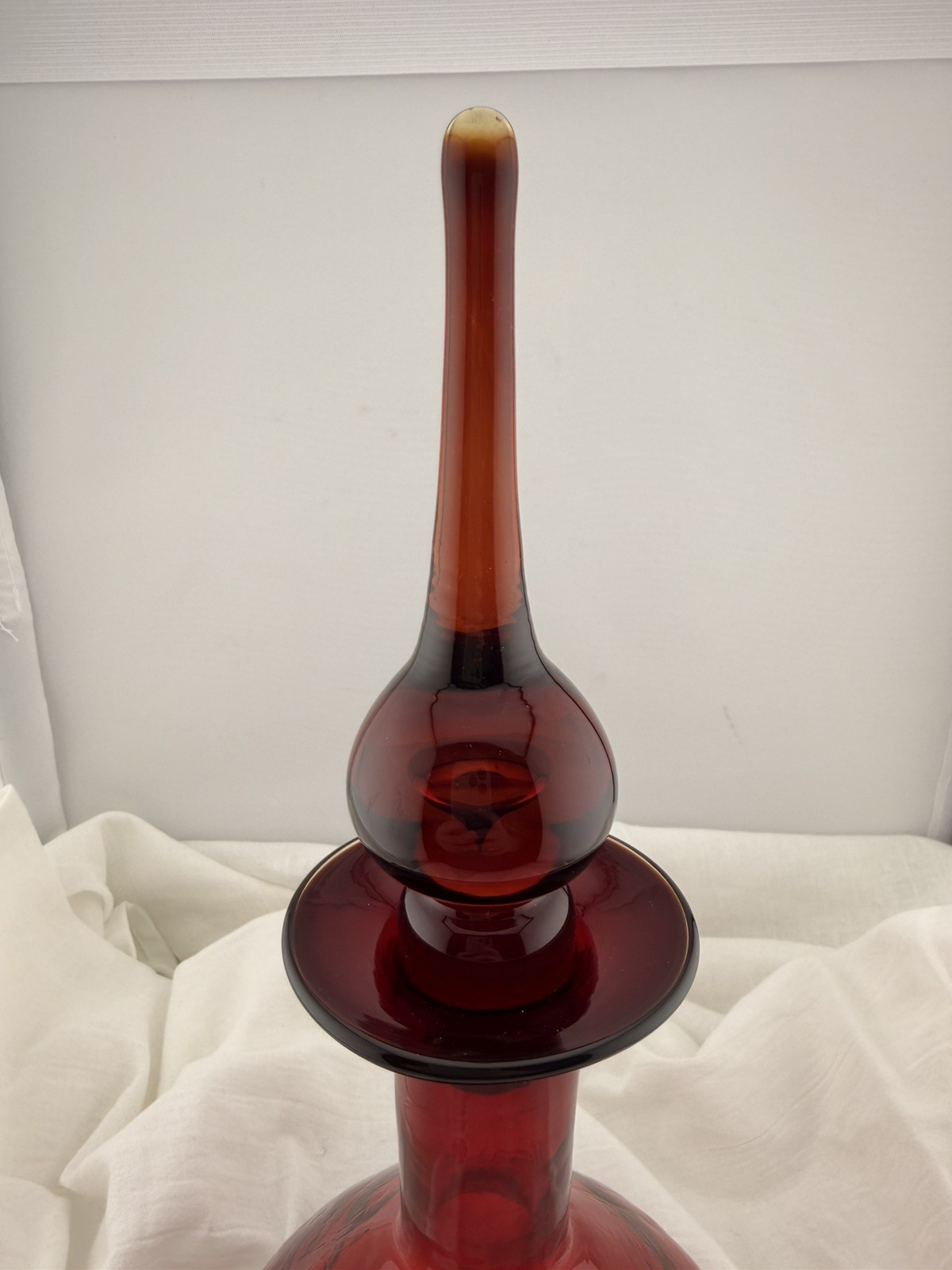 Vintage Blenko Red Glass Decanter Hand Blown Mid Century Modern Art Glass Ruby