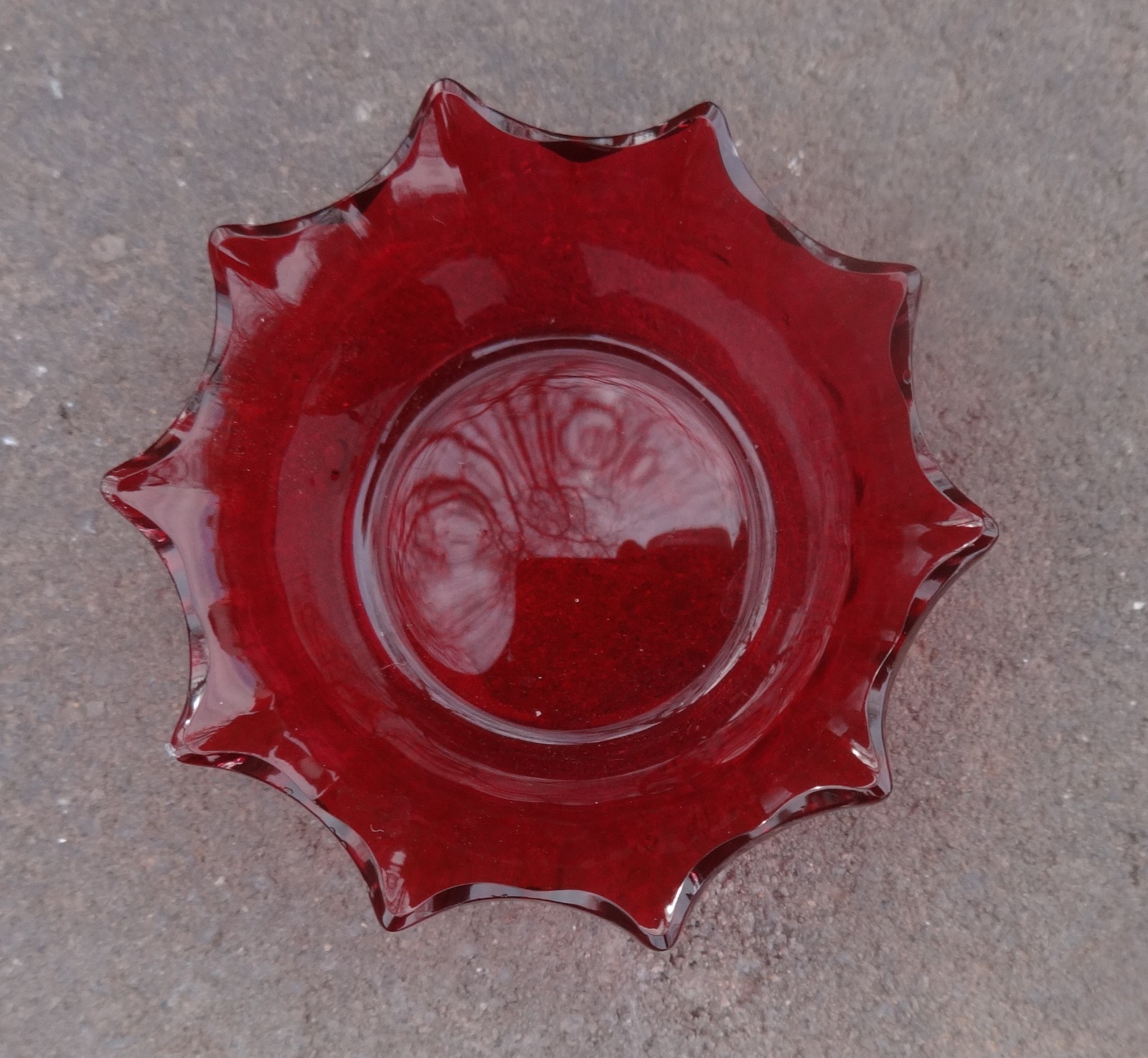 Small Ruby-Red Glass Open Salt Dip, Cellar, Dish w/Spiky Rim!