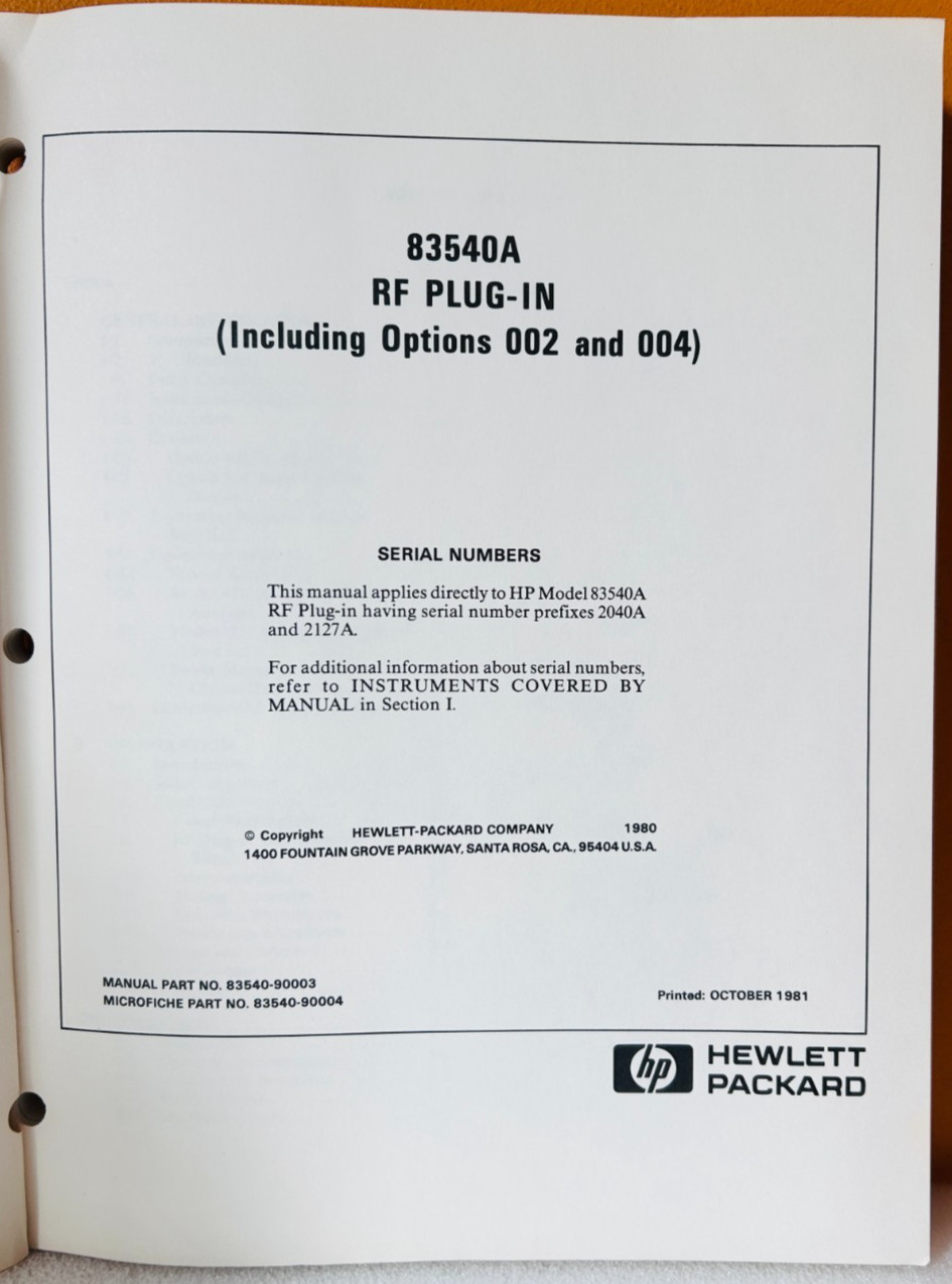 HP 83540-90003 1981 Model 83540A RF Plug-In 2.0 to 8.4 GHz Service Manual.