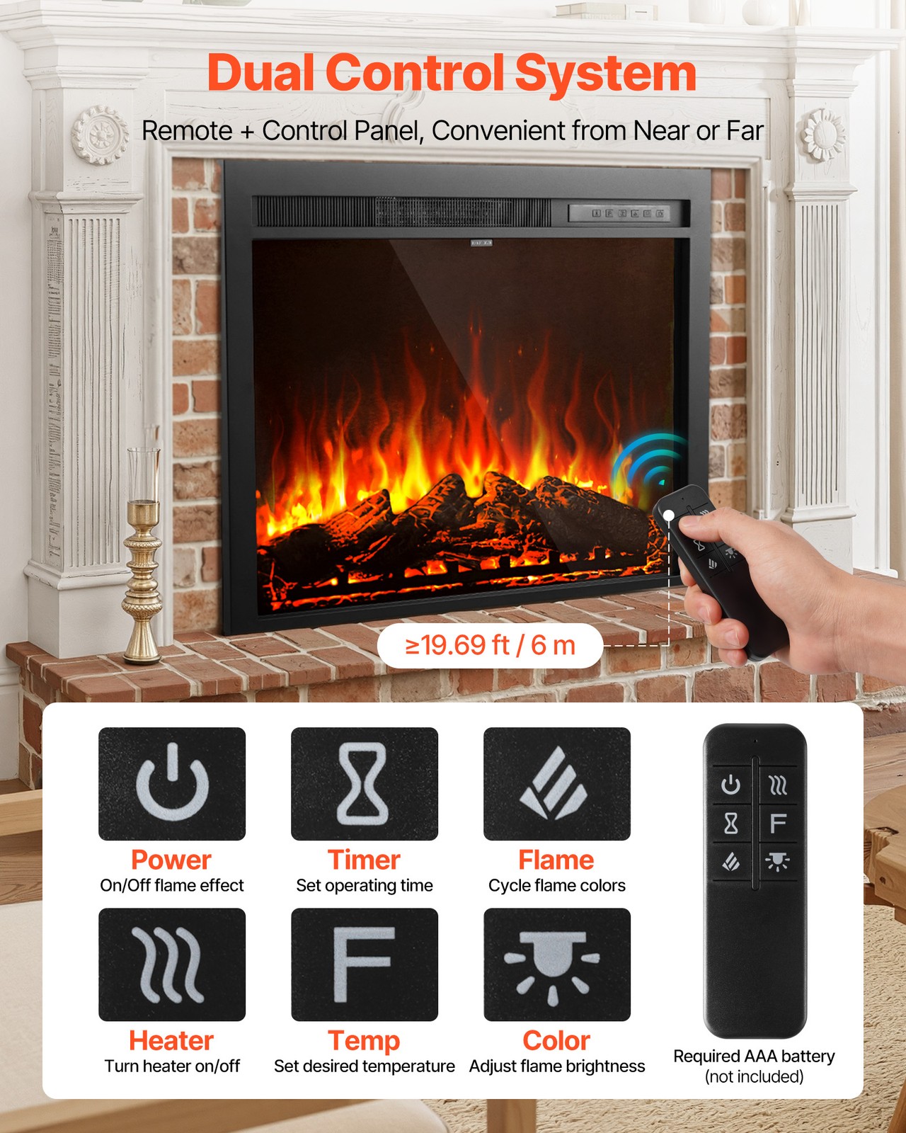 VEVOR 35in Electric Fireplace Insert Wall Recessed Heater 750W 1500W Remote
