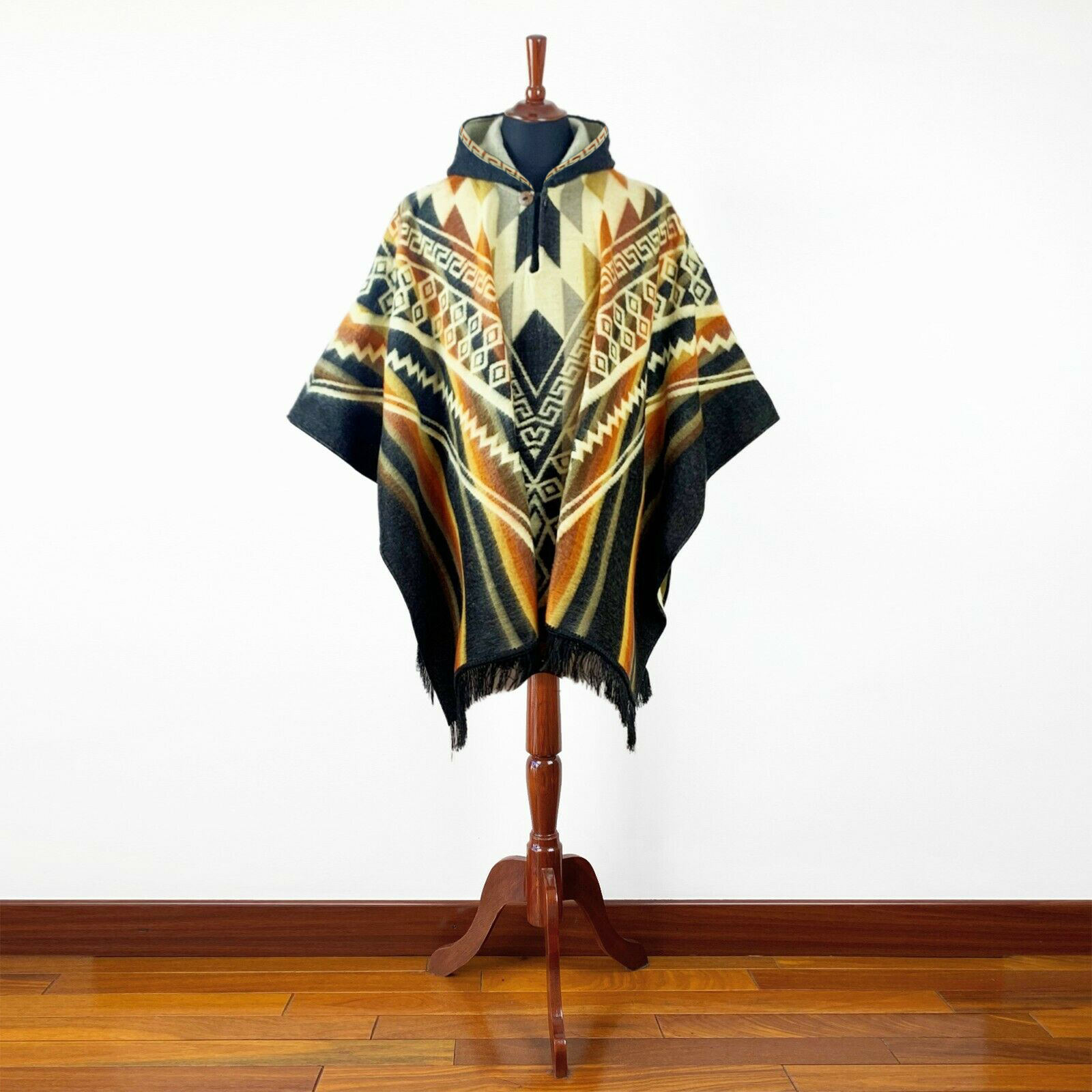 Alpaca wool Hooded Poncho Unisex Aztec pattern all seasons boho hippie XXL BLACK