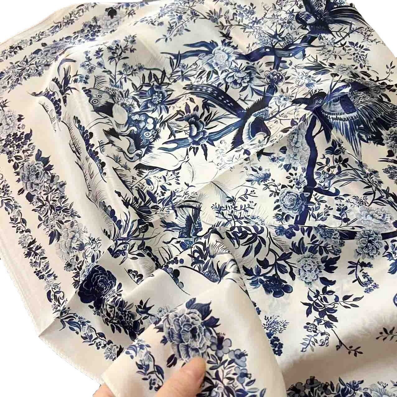 100% Mulberry Silk 27" Square Scarf Women Neckerchief Bandana White Flower Birds