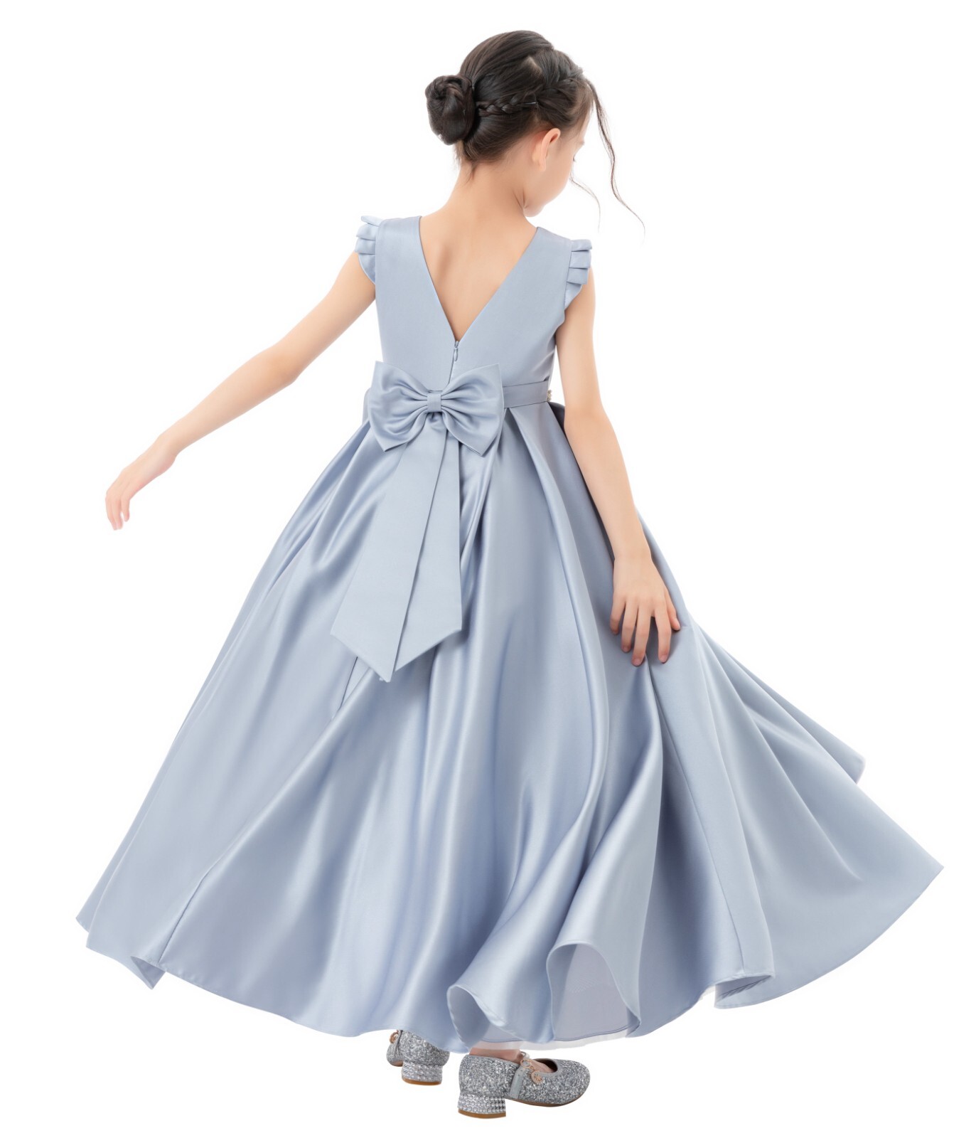 Satin Flower Girl Dress with Ruffled Cap Sleeves Princess Gown Birthday Dresses