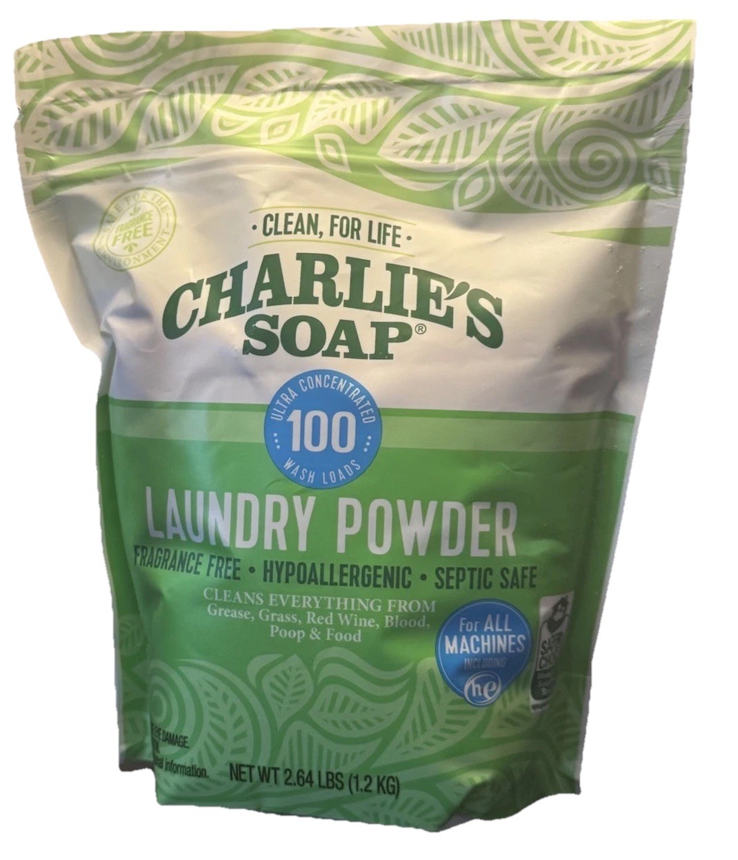 Charlie’s Soap Fragrance‑Free Laundry Powder – 100 Loads, 2.64 lbs