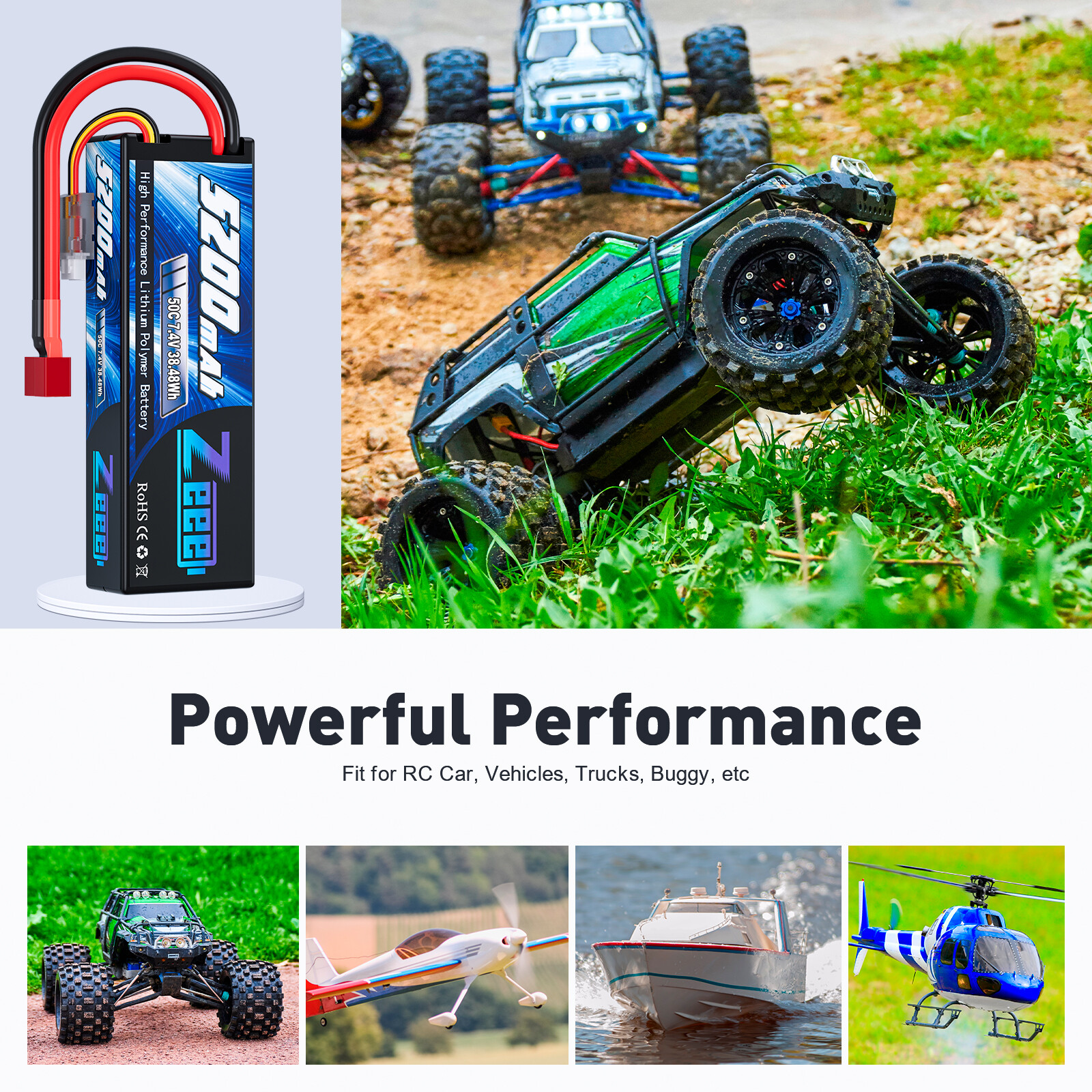 Zeee 2S Lipo Battery 5200mAh 7.4V 50C Deans for RC Car Truck Heli Airplane Drone