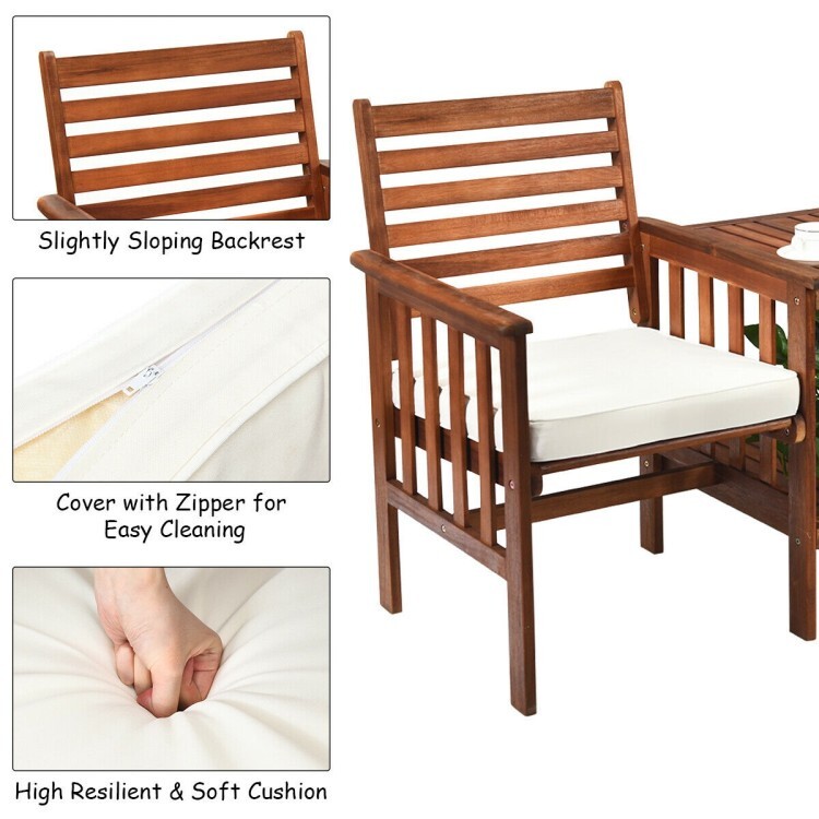 3PCS Outdoor Patio Cushion Furniture Acacia Wood Chair Coffee Table Set Backyard