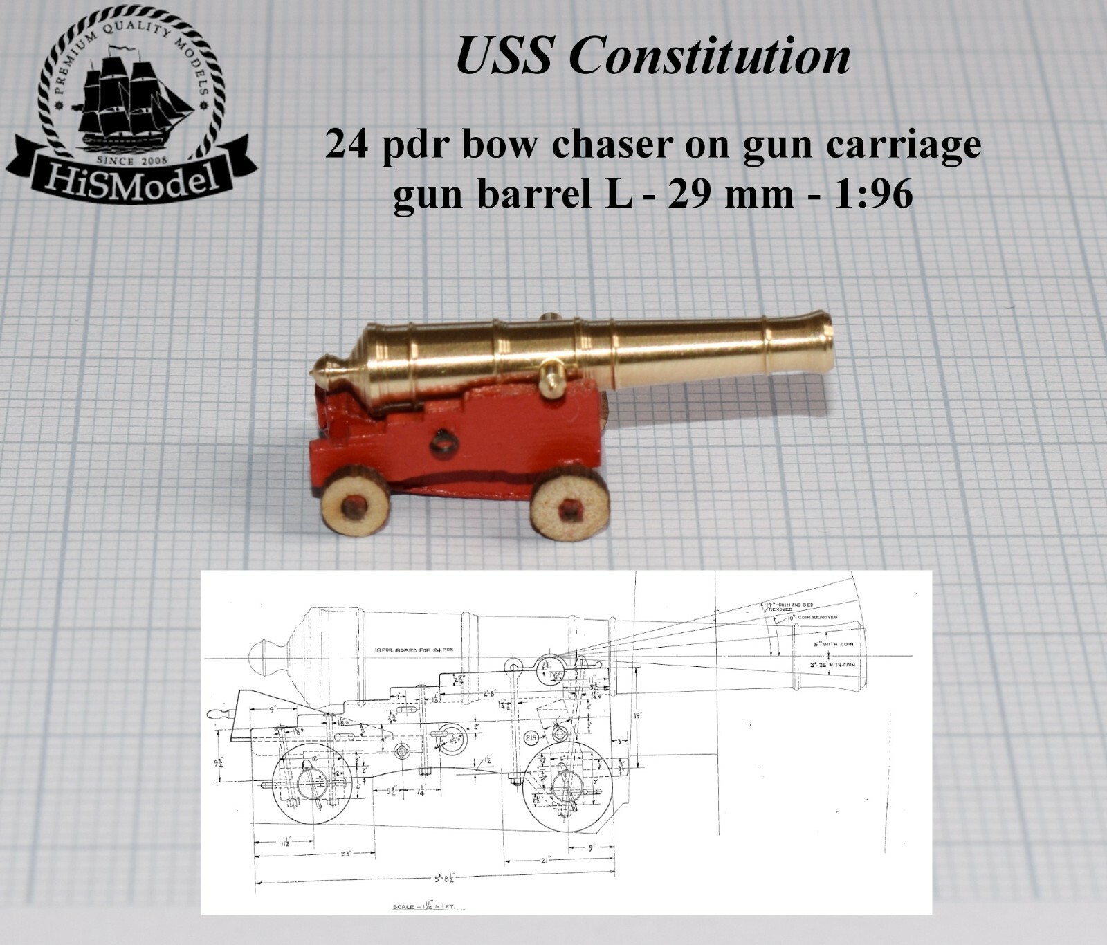 Revell USS Constitution, United States 1:96 - complete set of 53 brass cannons