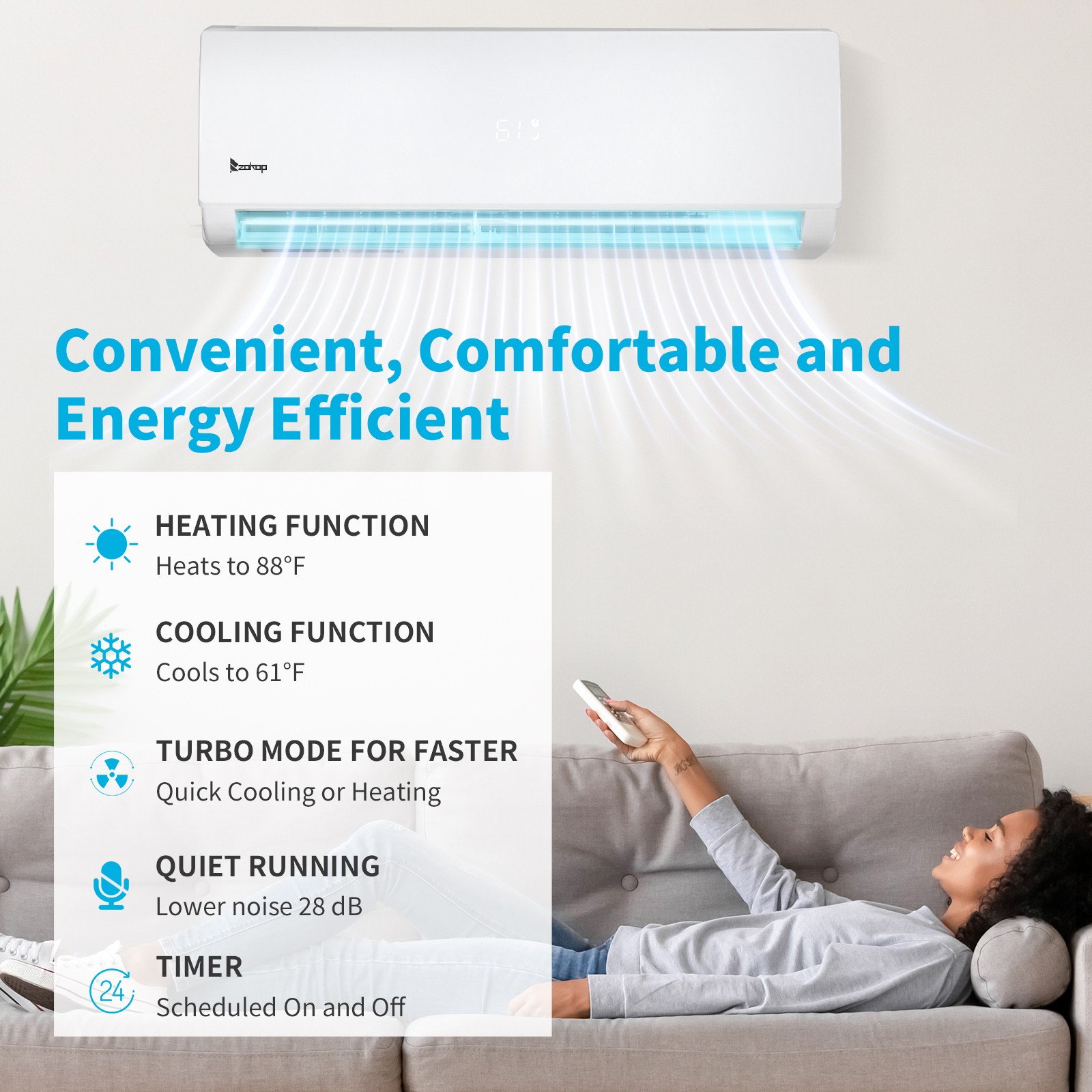 28000 BTU 2 Zone AC Ductless Mini Split Air Conditioner with Heat Pump (9K+18K)