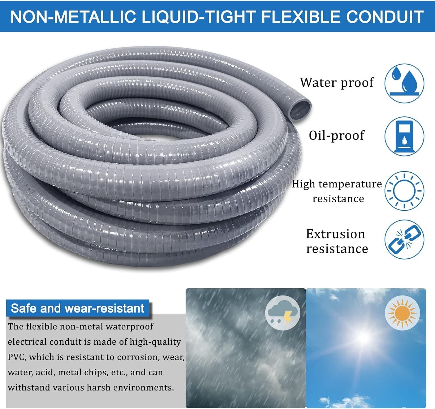 3/4" Dia Liquid Tight Conduit 50 FT,Flexible Non-Metallic PVC Conduit 3/4 Waterp