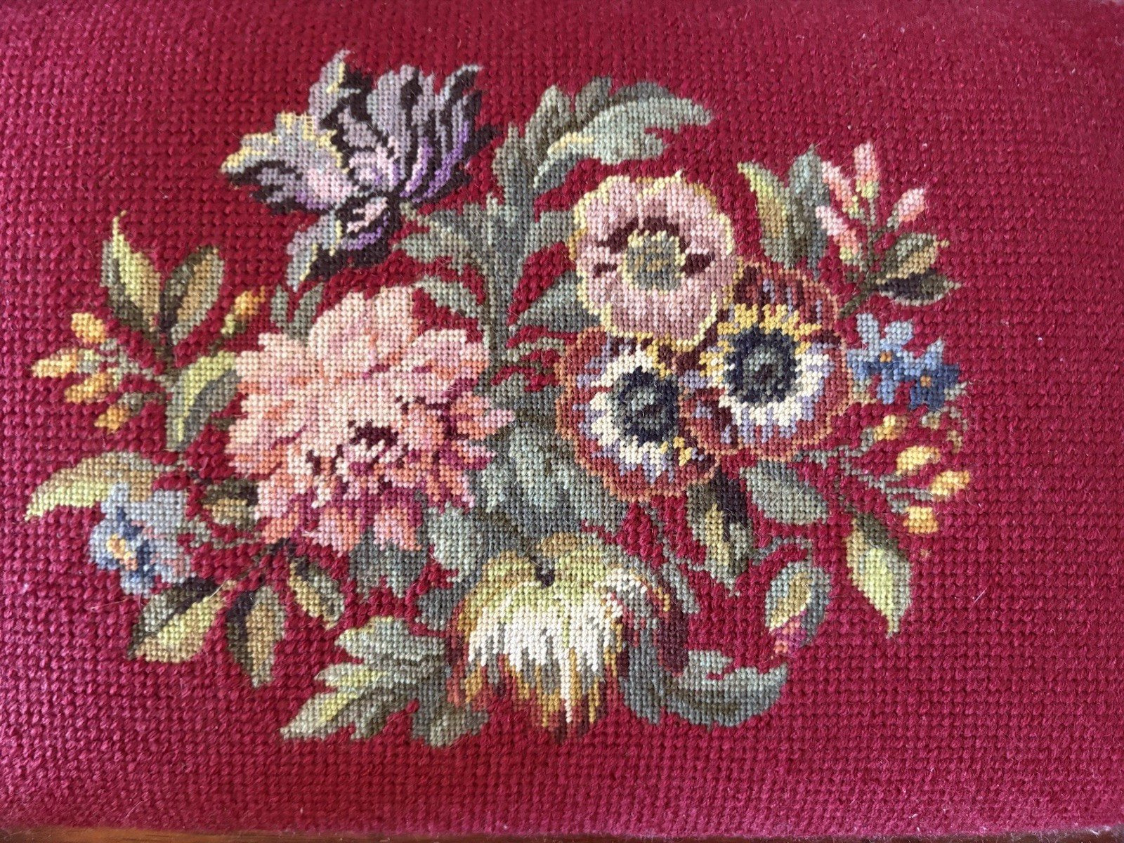 19thC Antique Victorian Footstool Bench Floral Needlepoint Petit Point
