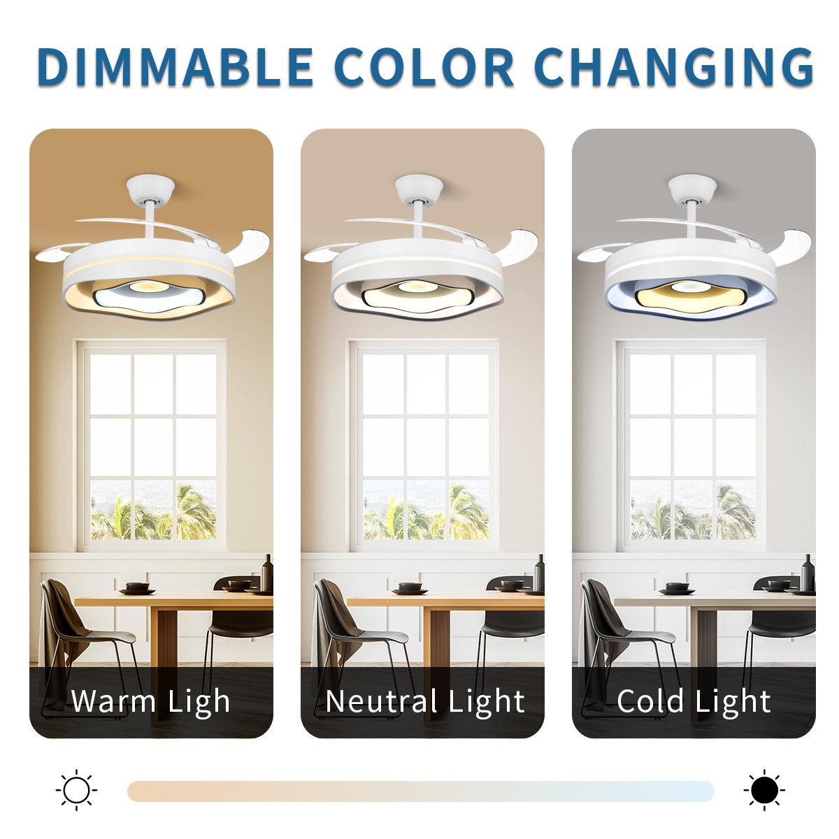 42" Modern 3 Color Light Ceiling Fan w/ Light Remote Control Retractable Blades