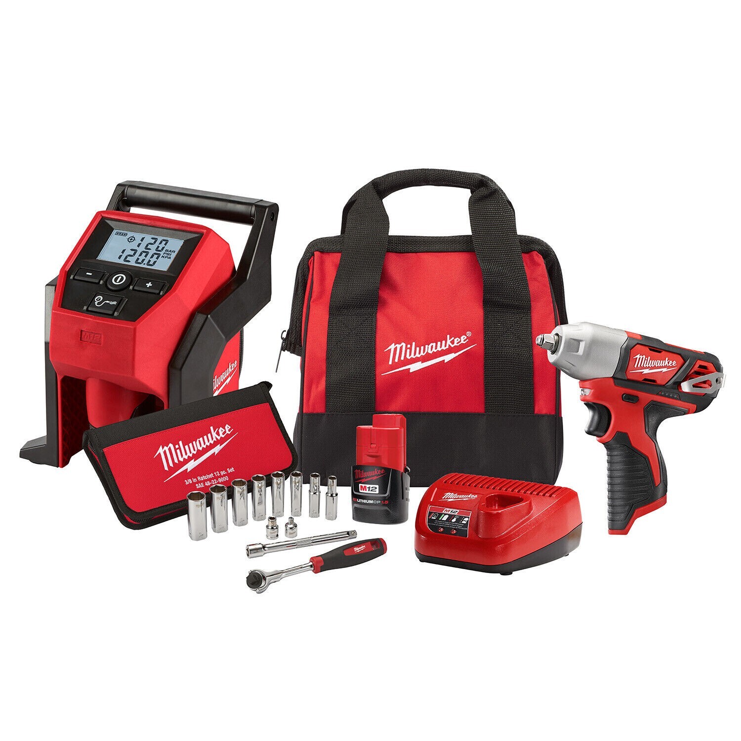 Milwaukee 2463-21RS M12 Cordless Impact Wrench /M23 Inflator & 12PC Socket Set