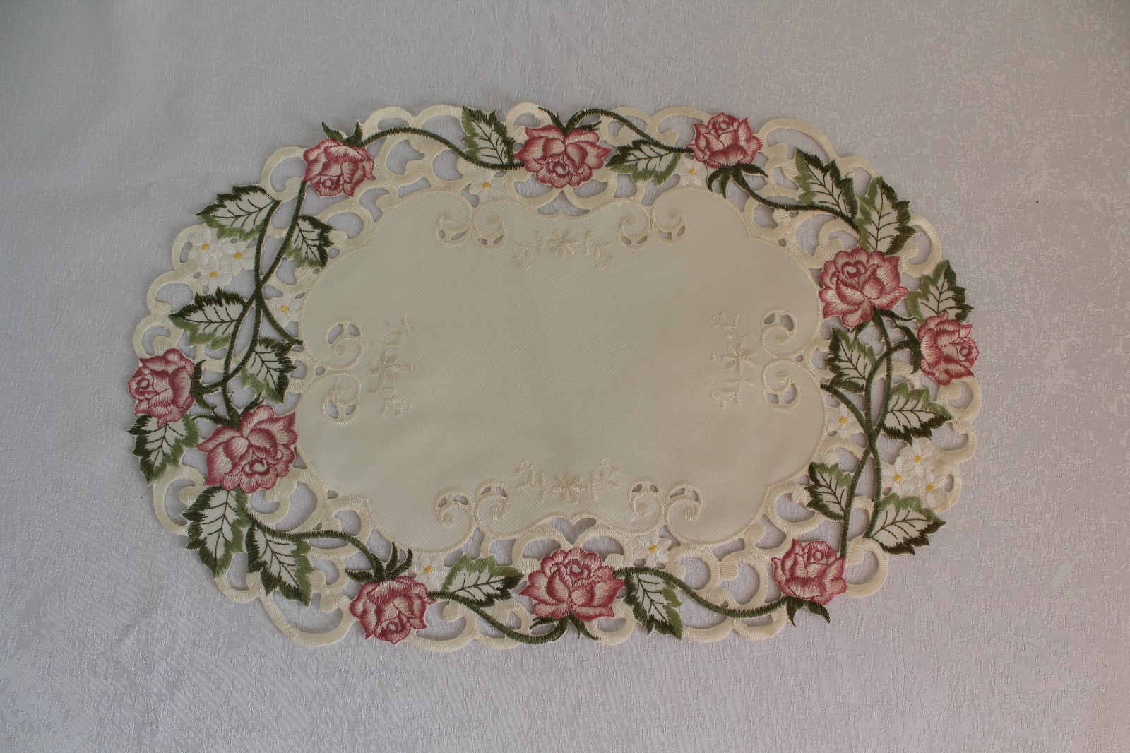Doily Boutique Table Runner, Doily, Mantel Scarf with Victorian Pink Roses