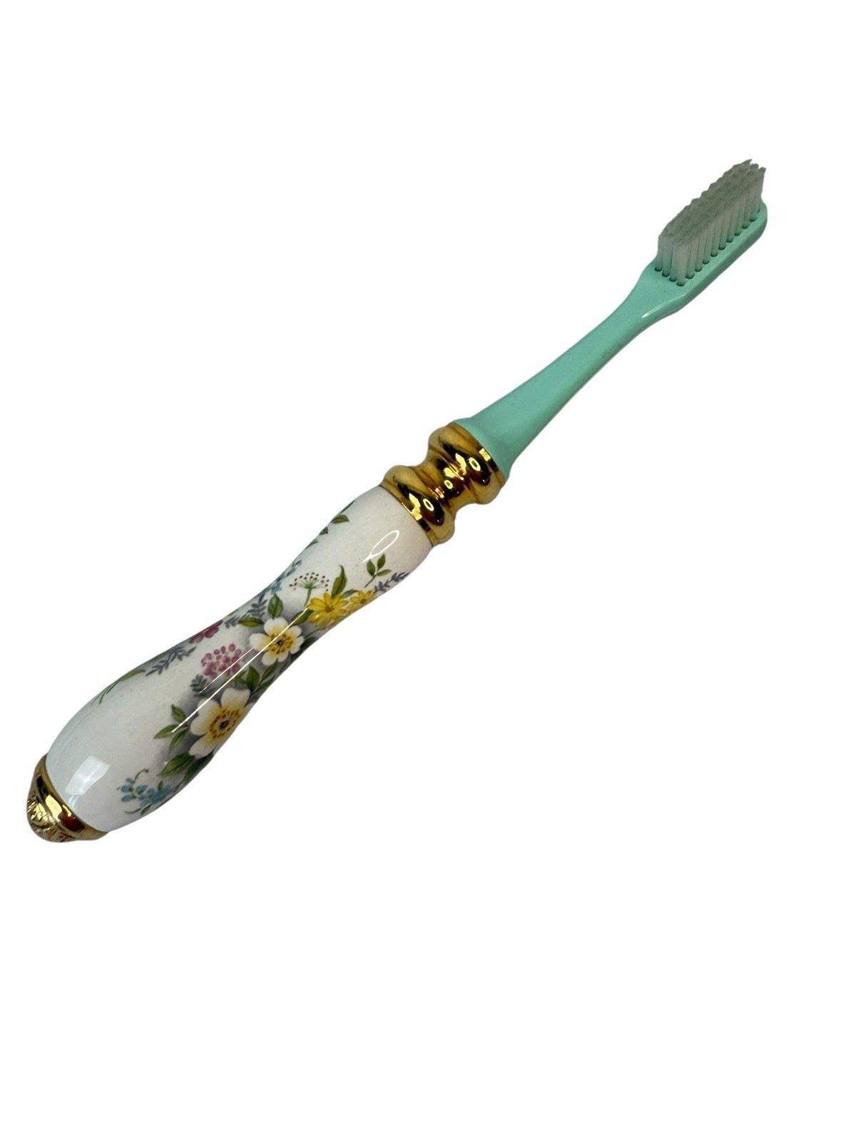 Toothbrush Ceramic Floral & Gold Handle Beau Monde Bathroom Decor Retro VTG