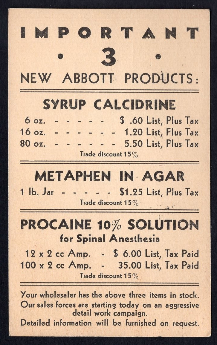 CANADA Montreal 1930s Abbott Medical Adverting Postal Card to Hamilton Pharmacy