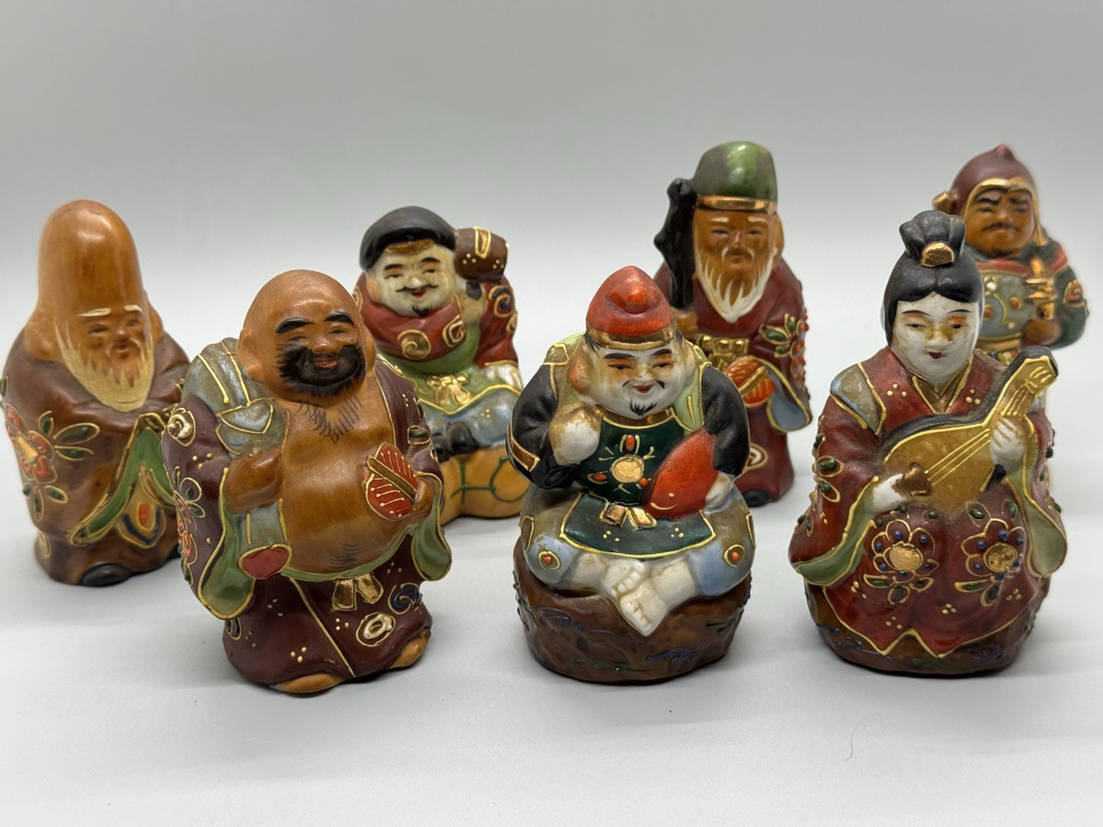 Vintage Kutani Moriage Japanese 7 Lucky Gods Porcelain Figurine Collection