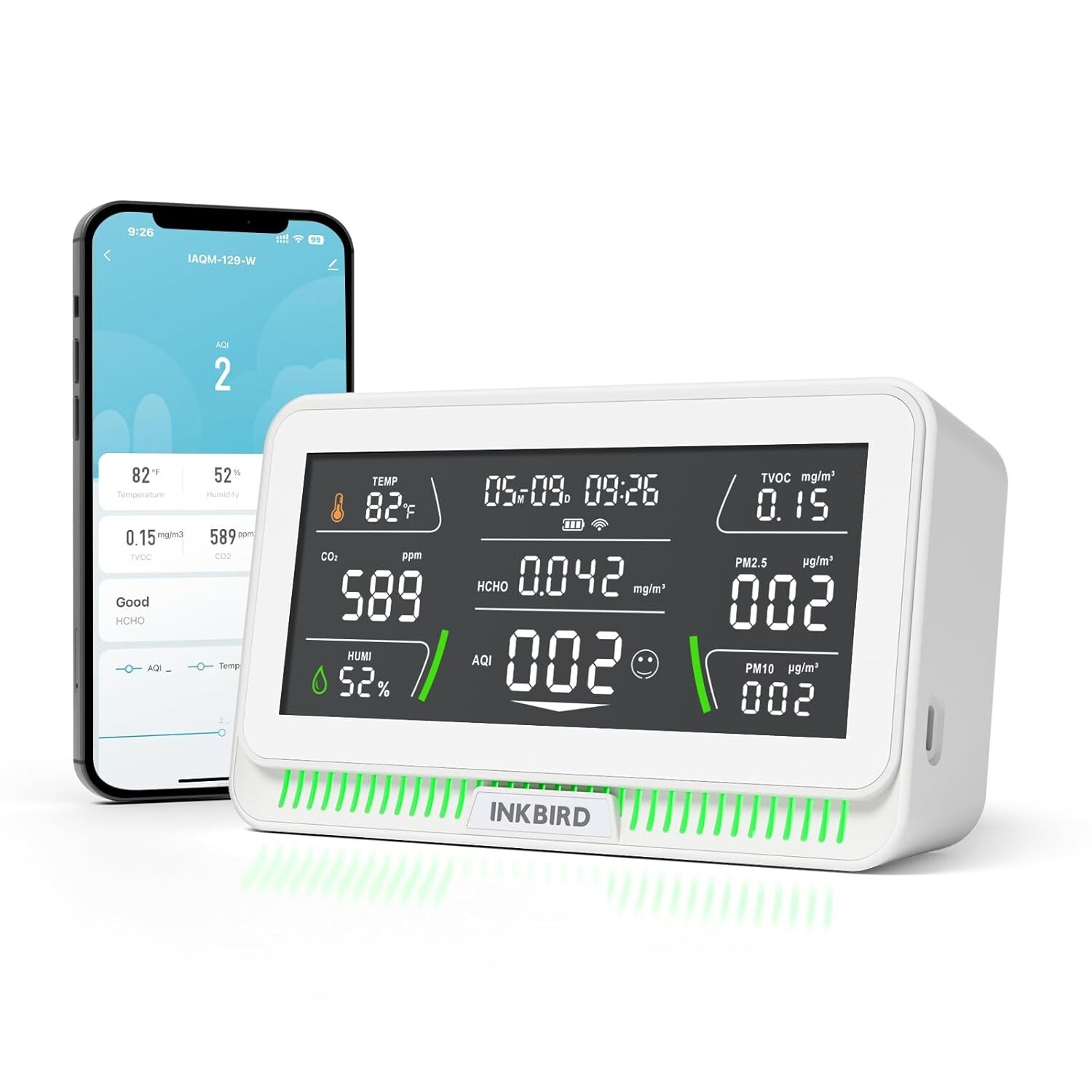 INKBIRD Air Quality Monitor Indoor Co2 Detector Portable 10-in-1 PM2.5 HCHO AQI