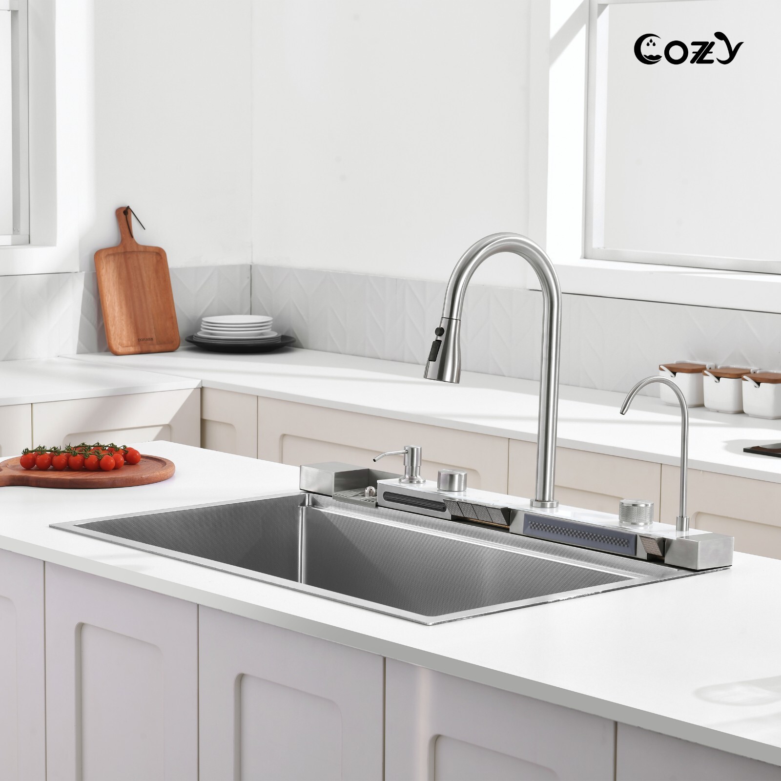 Cozy 33x22" Multifunctional Overmount Kitchen Sink Faucet Combo Brush Nickel
