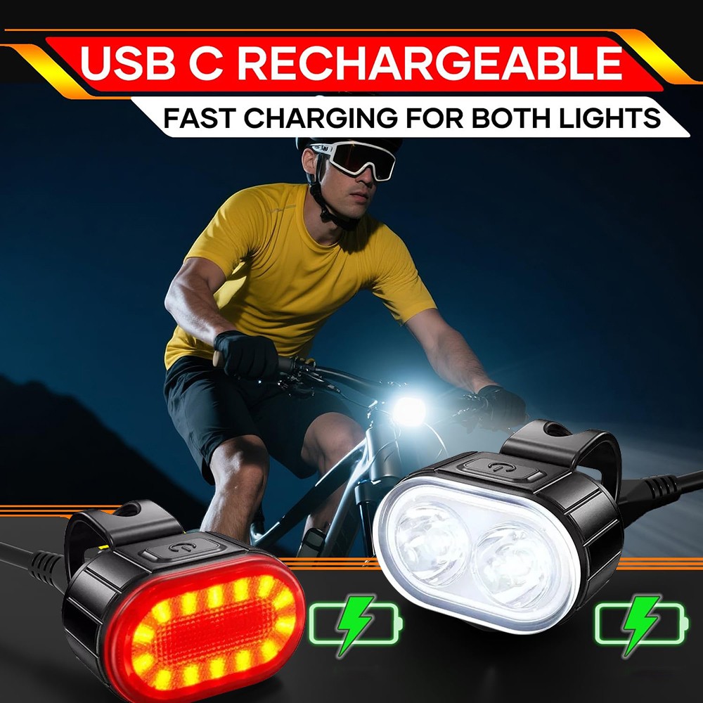 USB Rechargeable Bright LED Bicycle Bike Front Headlight and Rear Tail Light Set