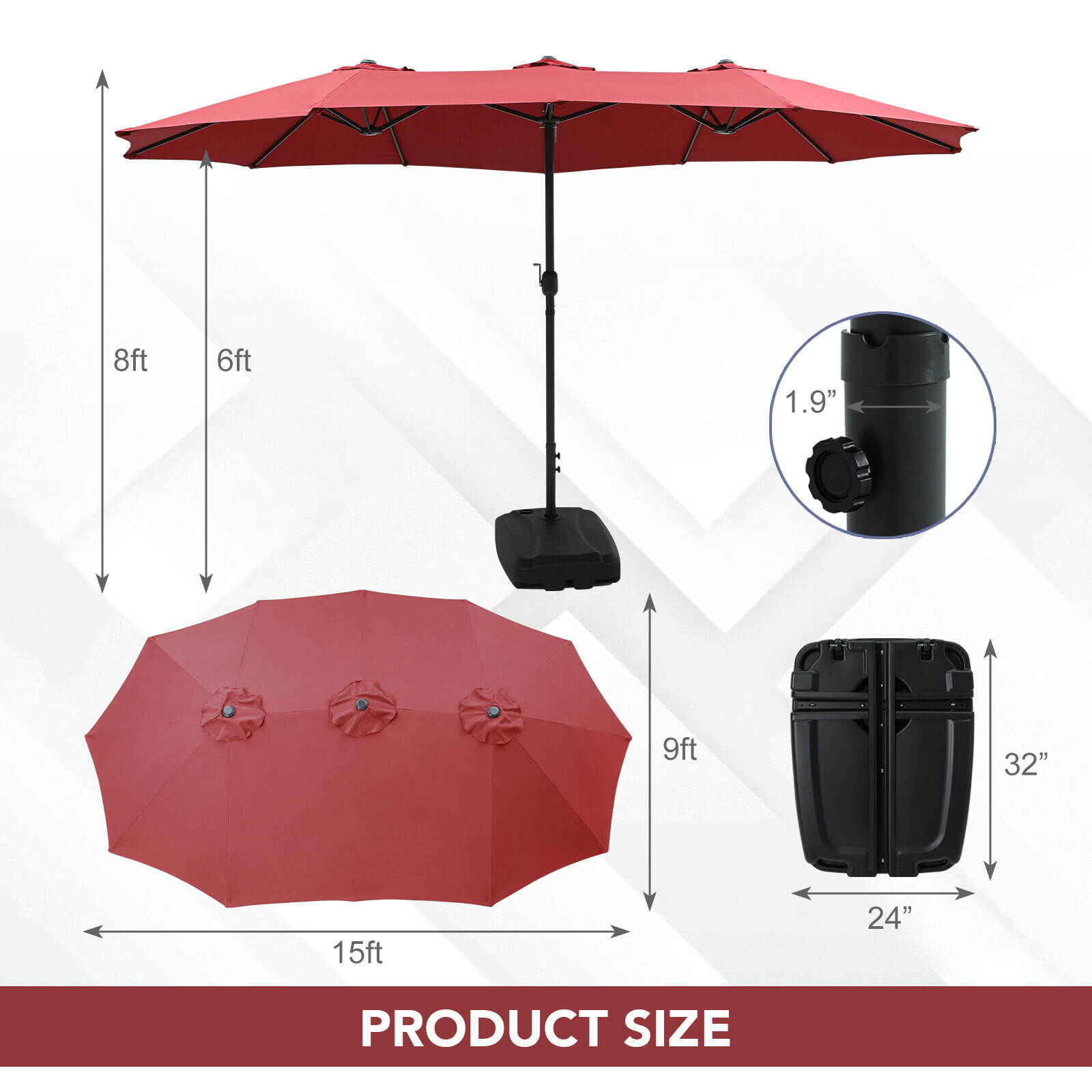 15FT Double-Sided Outdoor Sun Shade Backyard Patio Umbrella Red w/ Crank & Base