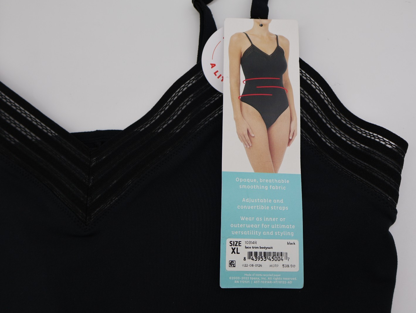 ASSETS by SPANX Women's Lace Trim Thong Bodysuit - Black XL NWT