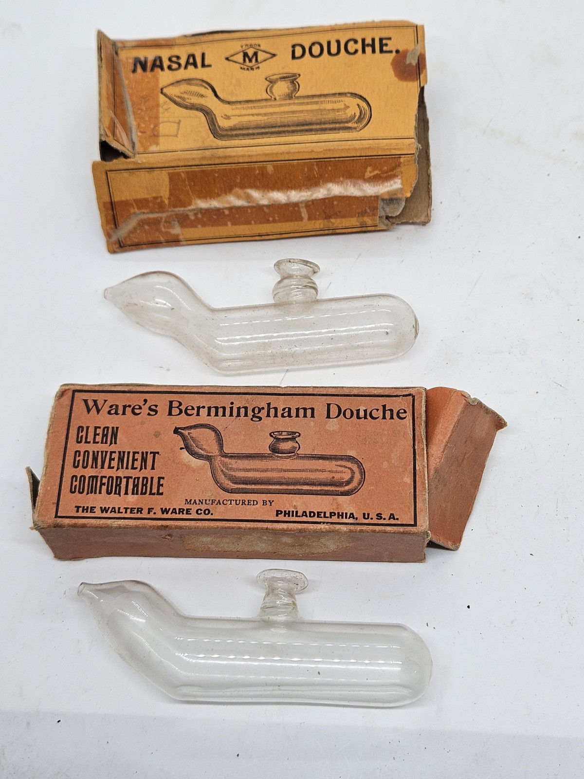 Pair of Antique Victorian Glass Nasal Douche Medical Devices with Original Boxes