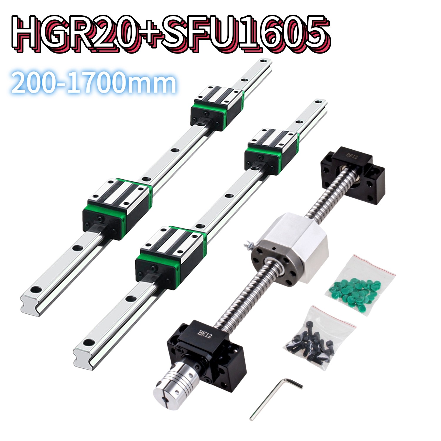 2PCS  L200mm~1700mm HGR20 Linear Guide Rail Kt+SFU1605 BallScrew BK/BF12 Set CNC