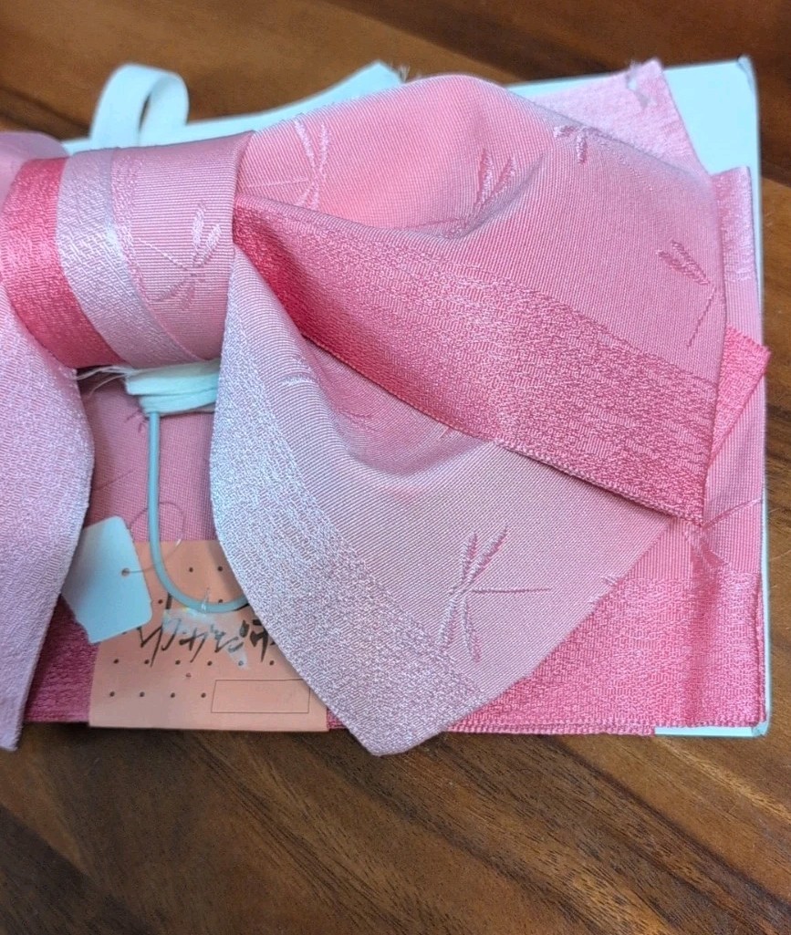 Japanese Pink Polyester 60"L Kimono Yukata Dragonfly Bow Obi Belt, Made in Japan