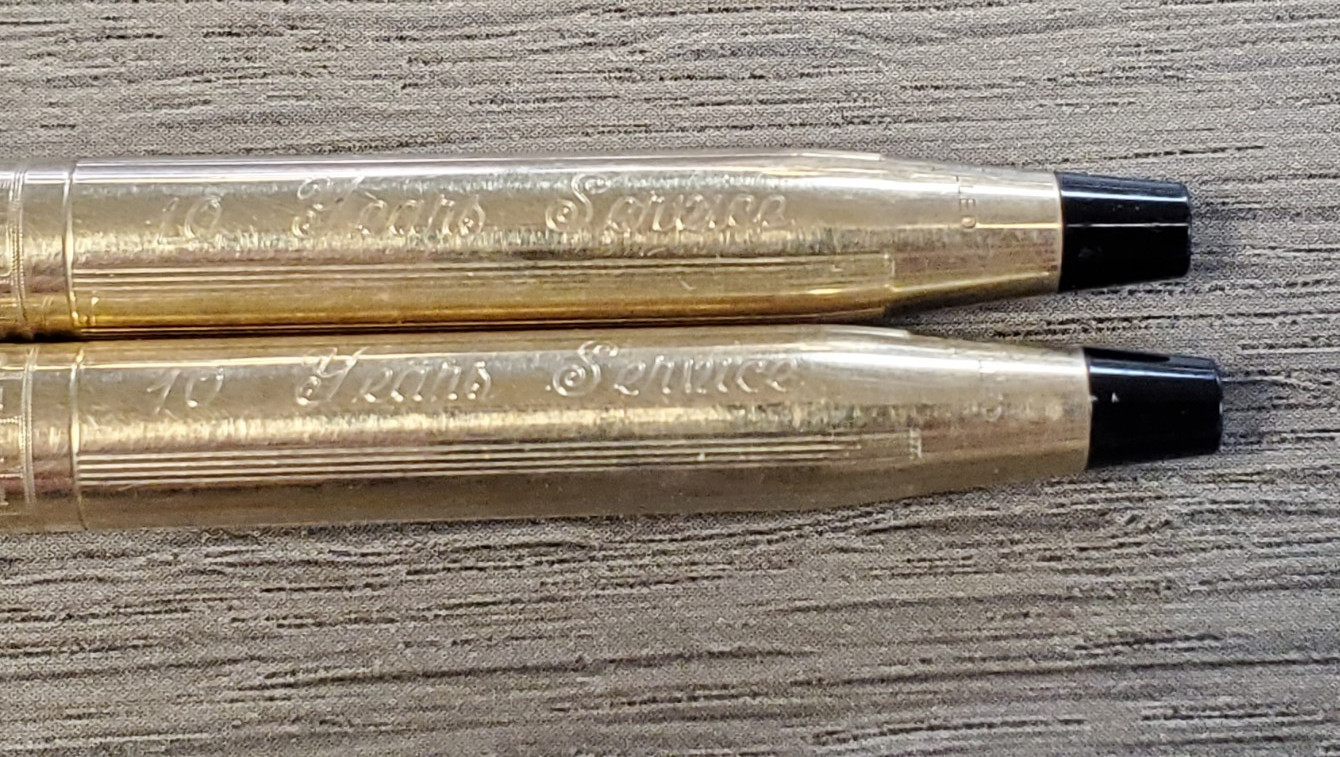 Cross 1/20 10k gold filled pen & pencil set blue ink greek border 10 year