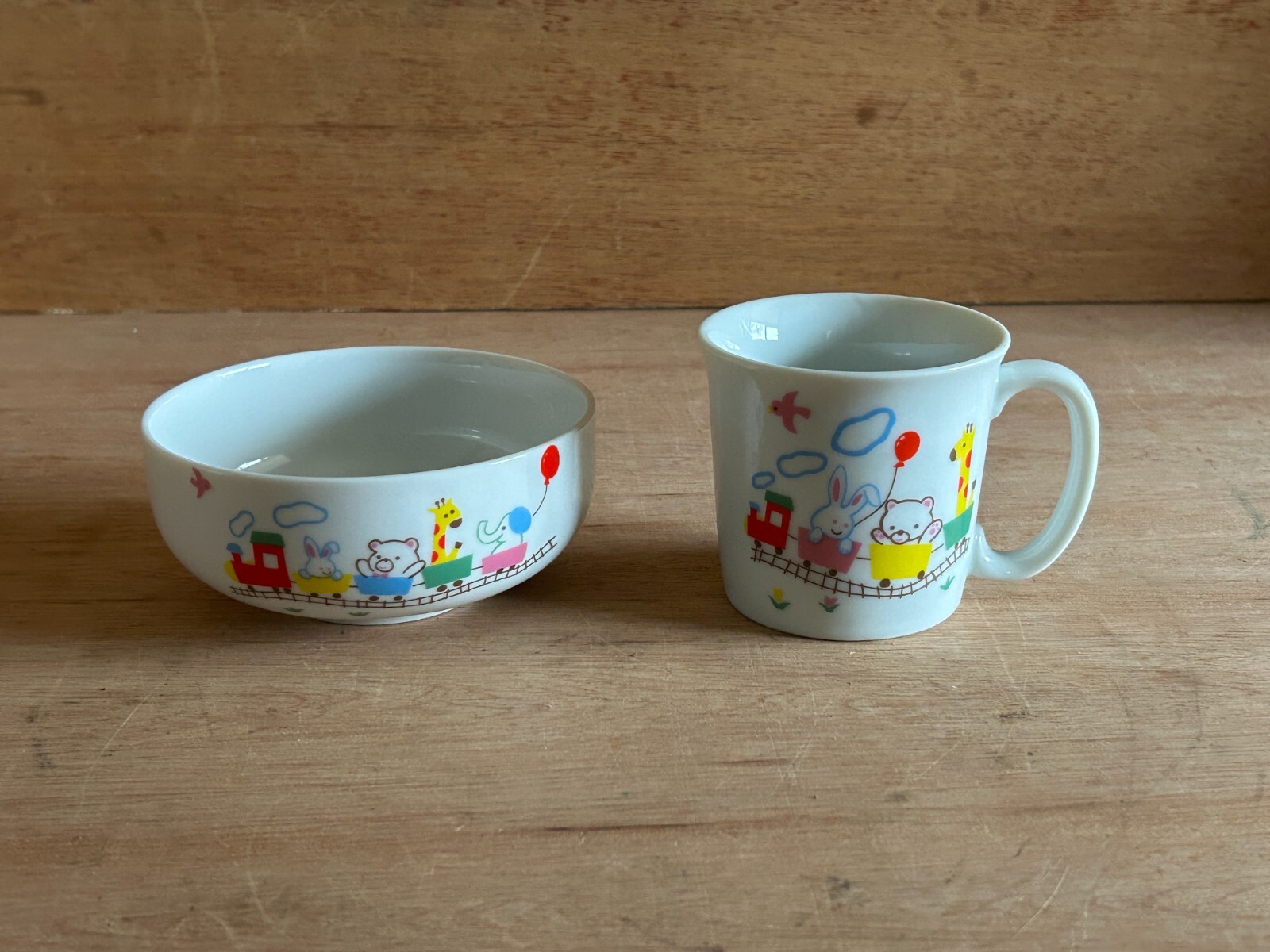 Lillian Vernon Cereal Bowl Mug Cup 2 Piece Set Youth Animals Train Japan Vintage