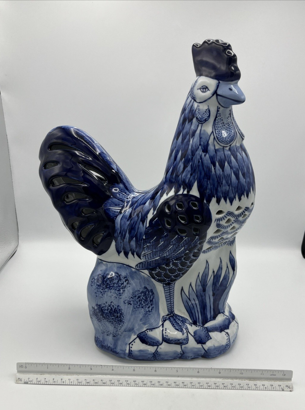 Ceramic Blue And White Chinoiserie Pierced Rooster Bird 15" High