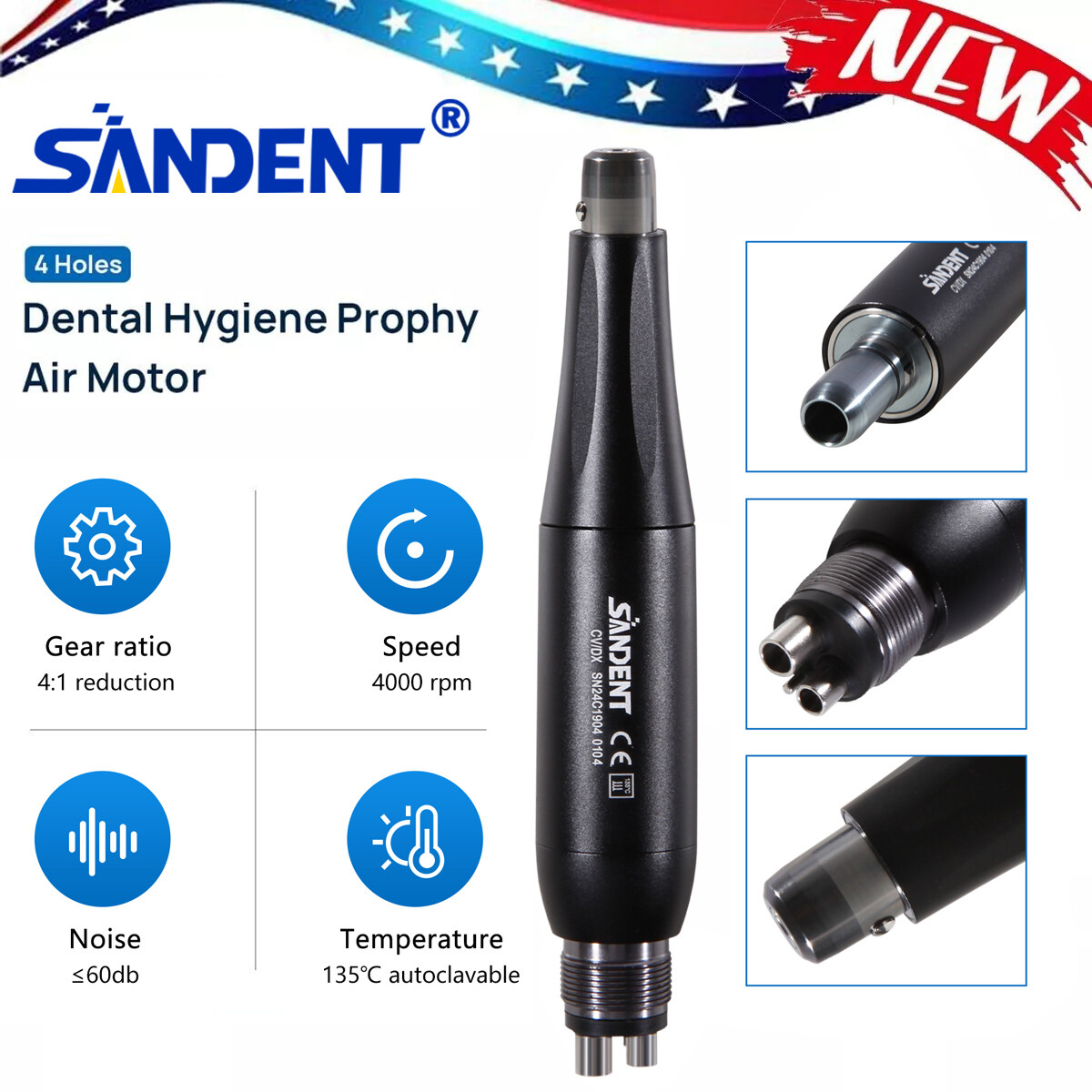 360° Swivel Dental Hygiene Prophy Handpiece Air Motor 4:1 Cone 4 Holes 4000 rpm