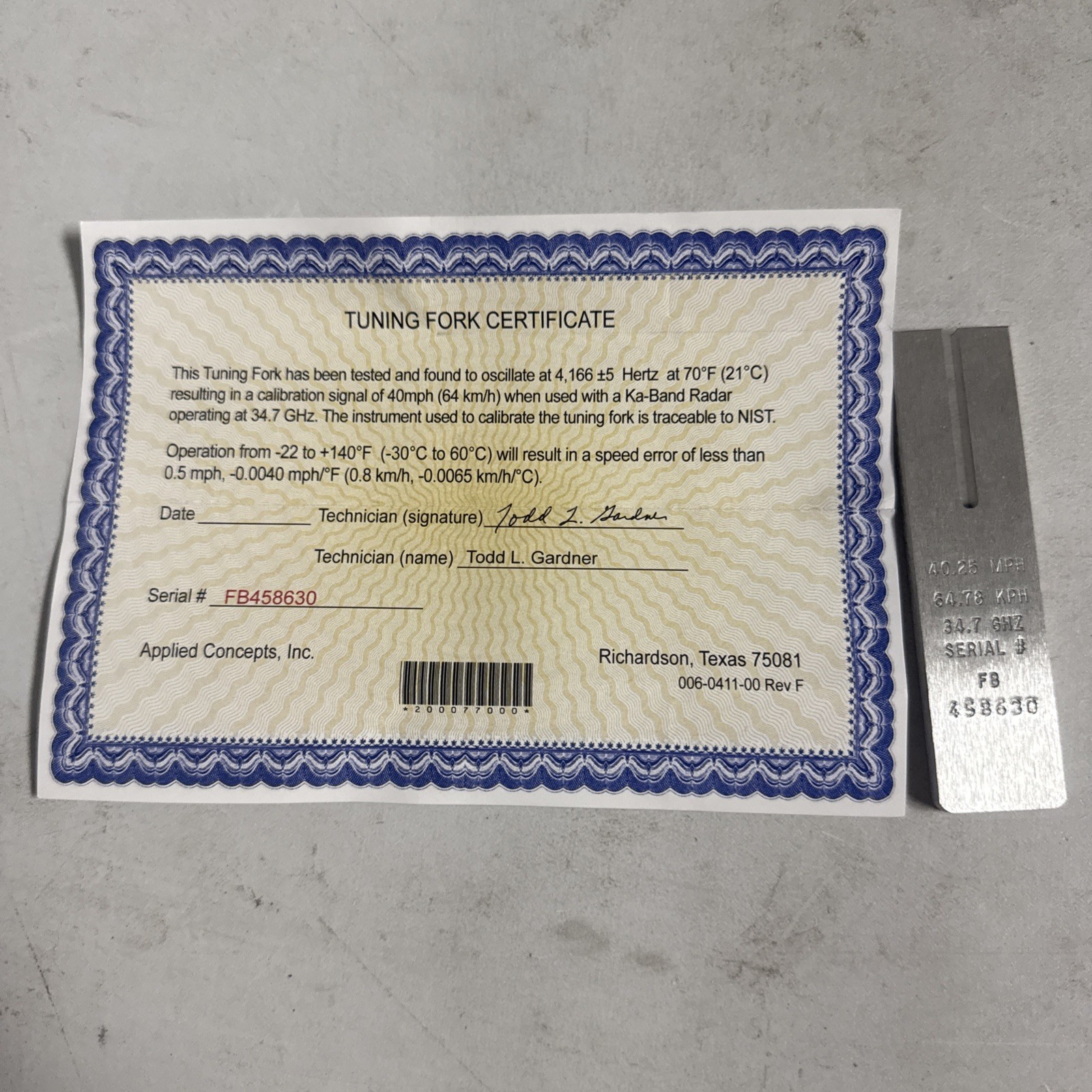 Ka-Band Radar Tuning Fork 40.25 MPH 64.78 KPH 34.7 GHZ