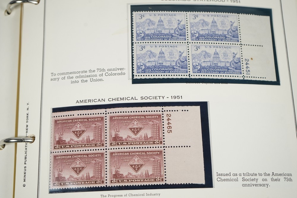 US 1950s-1960s COLLECTION OF 240 MINT PLATE BLOCKS STORED IN MINKUS ALBUM