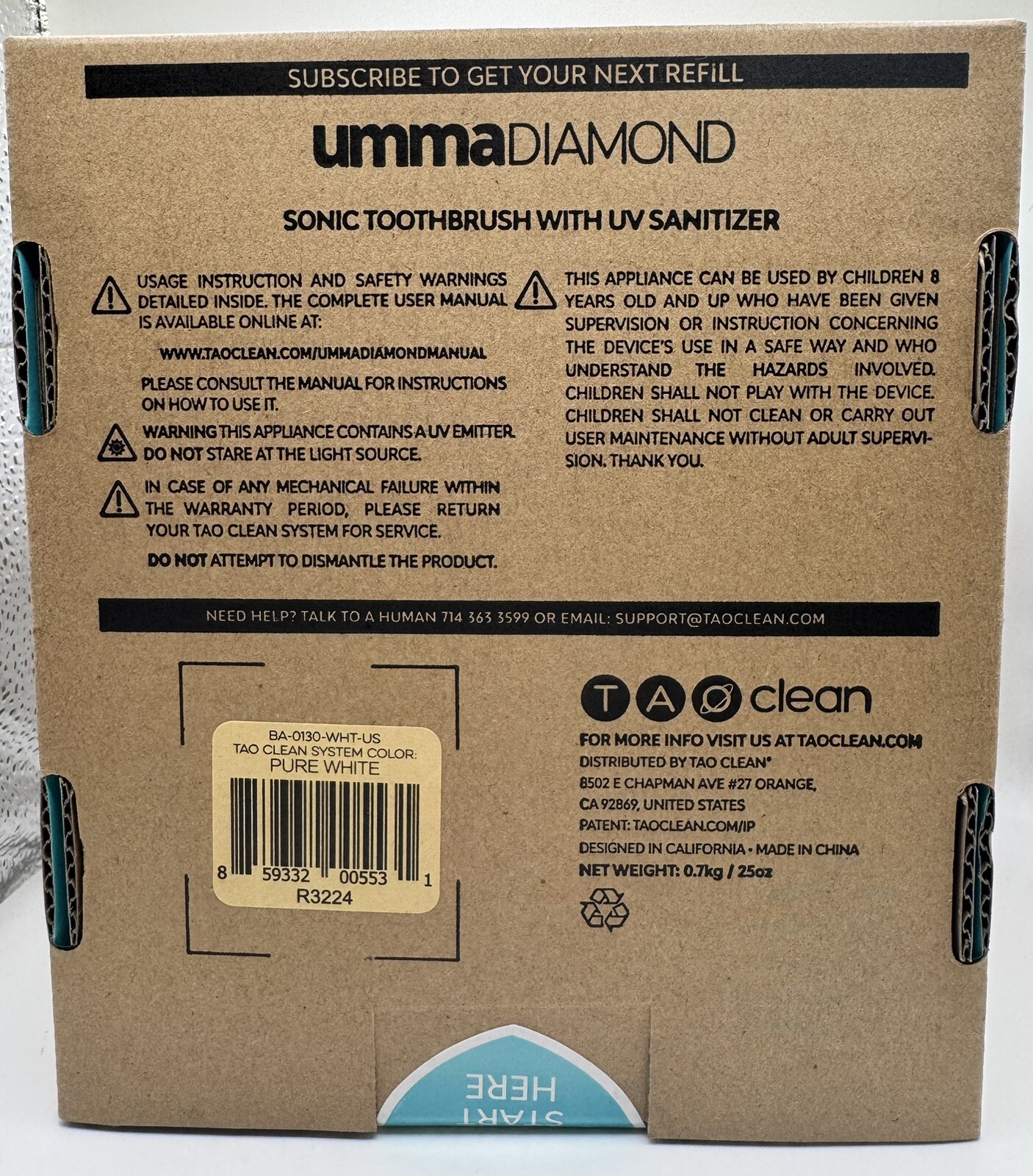 Tao Clean UMMA DIAMOND Sonic Toothbrush with UV Sanitizing Cleaning Station WHT