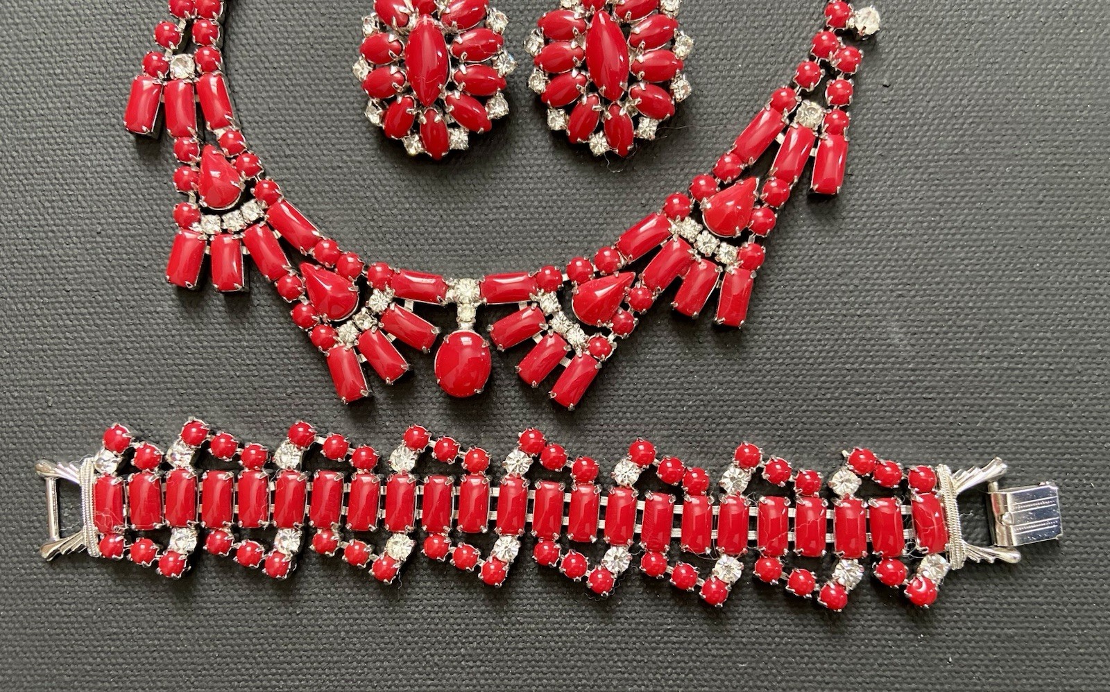 Vintage By Gale Demi Parure Deep Red Rhinestone Choker Bracelet Clip Earrings