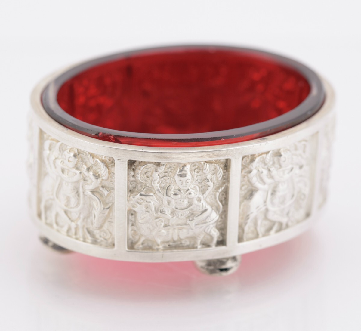 Pair Antique Victorian Sterling Silver & Cranberry Glass Salts Hallmarked 1888