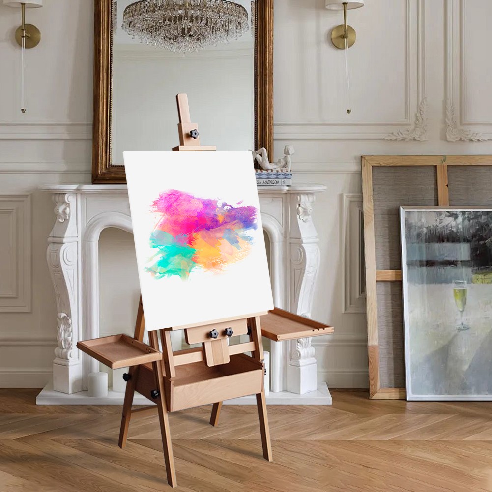 Large Wood H-Frame Easel with Storage Drawer and Palette, Foldable Art Painting
