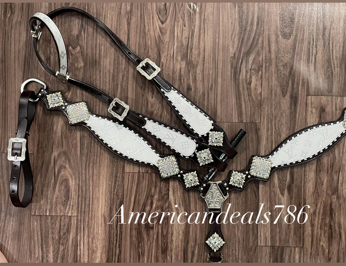 Western Brown Leather Bling Tack Set With White Reflective Leather