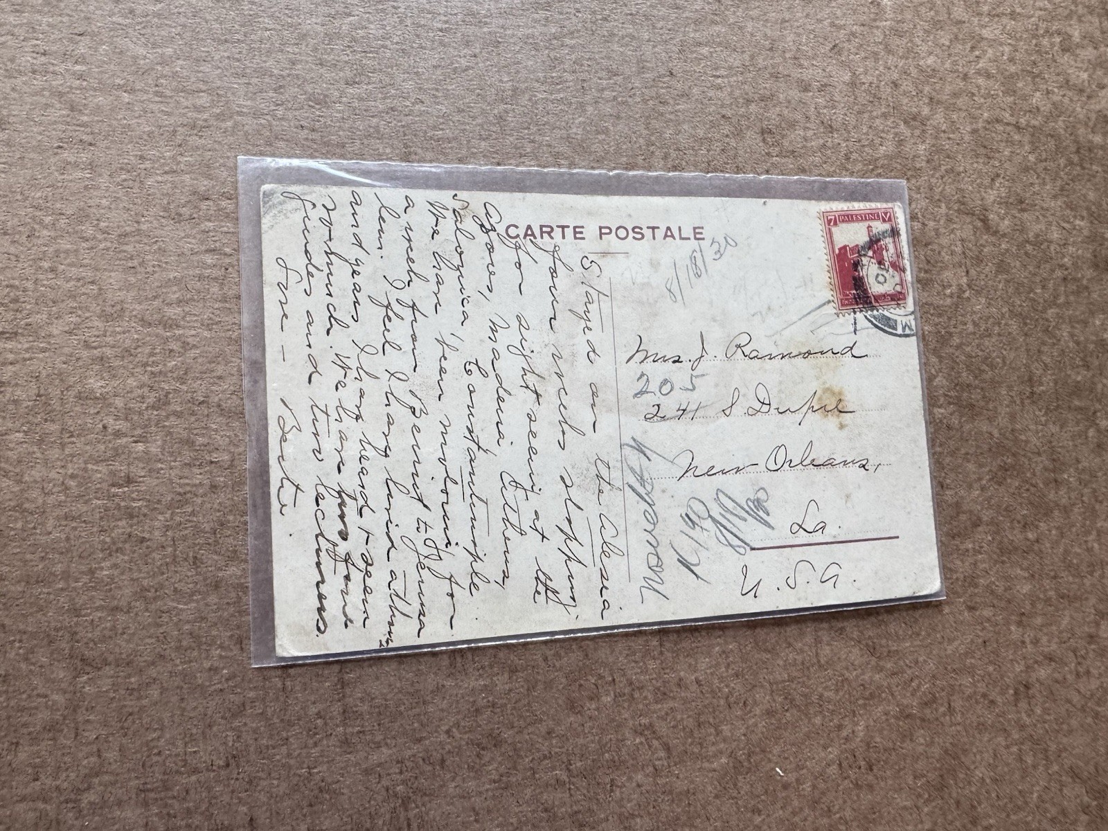 Palestine 1930 PPC to US +Grand Hotel De Londers +Stay-4-Wk-Alesia-Shopping Msg